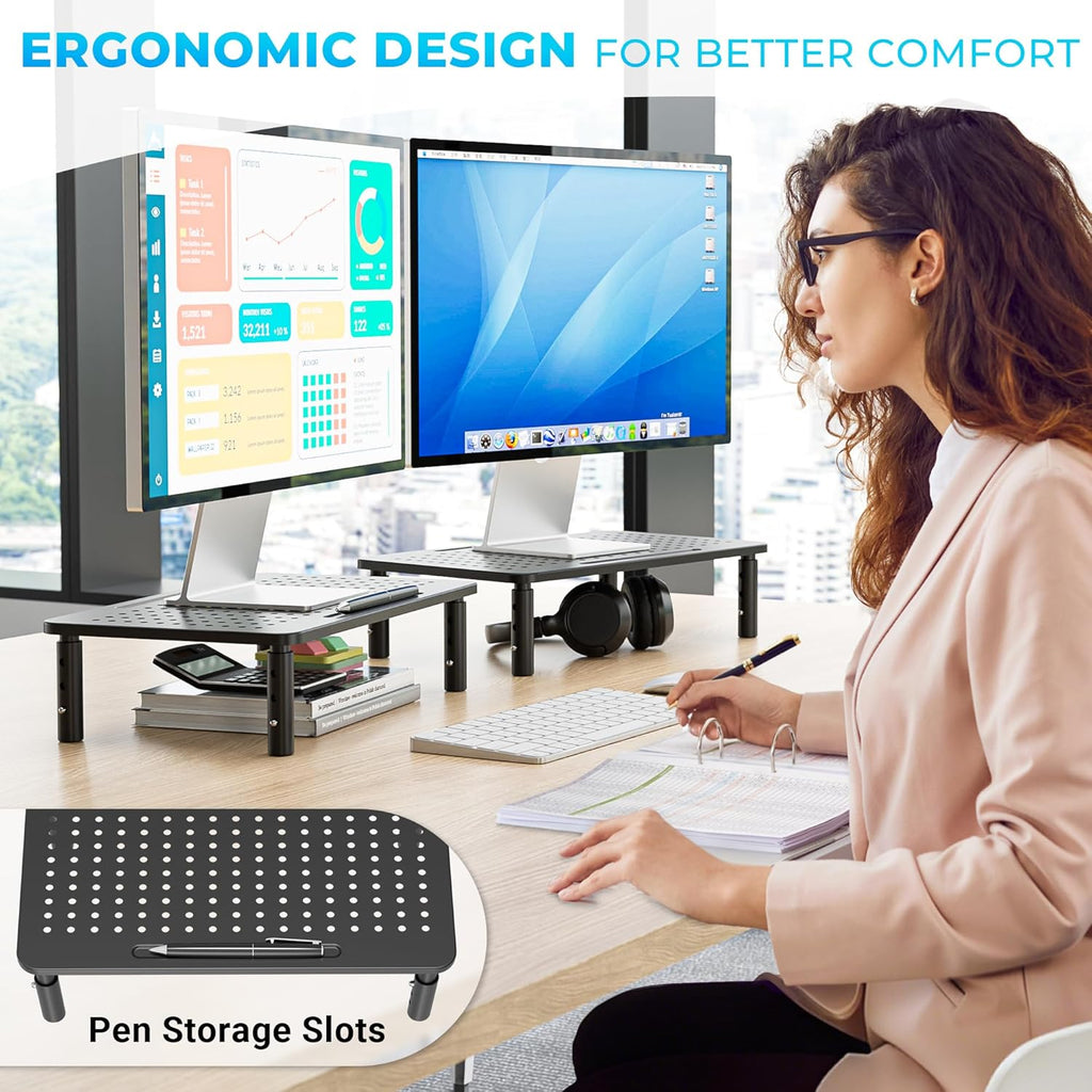 Metal Monitor Stand, Adjustable Height Riser for Desk, Ergonomic 3-Level Desk Organizer with Cable Management, Laptop & Computer Monitor Stand up to 20KG, 2 Pack