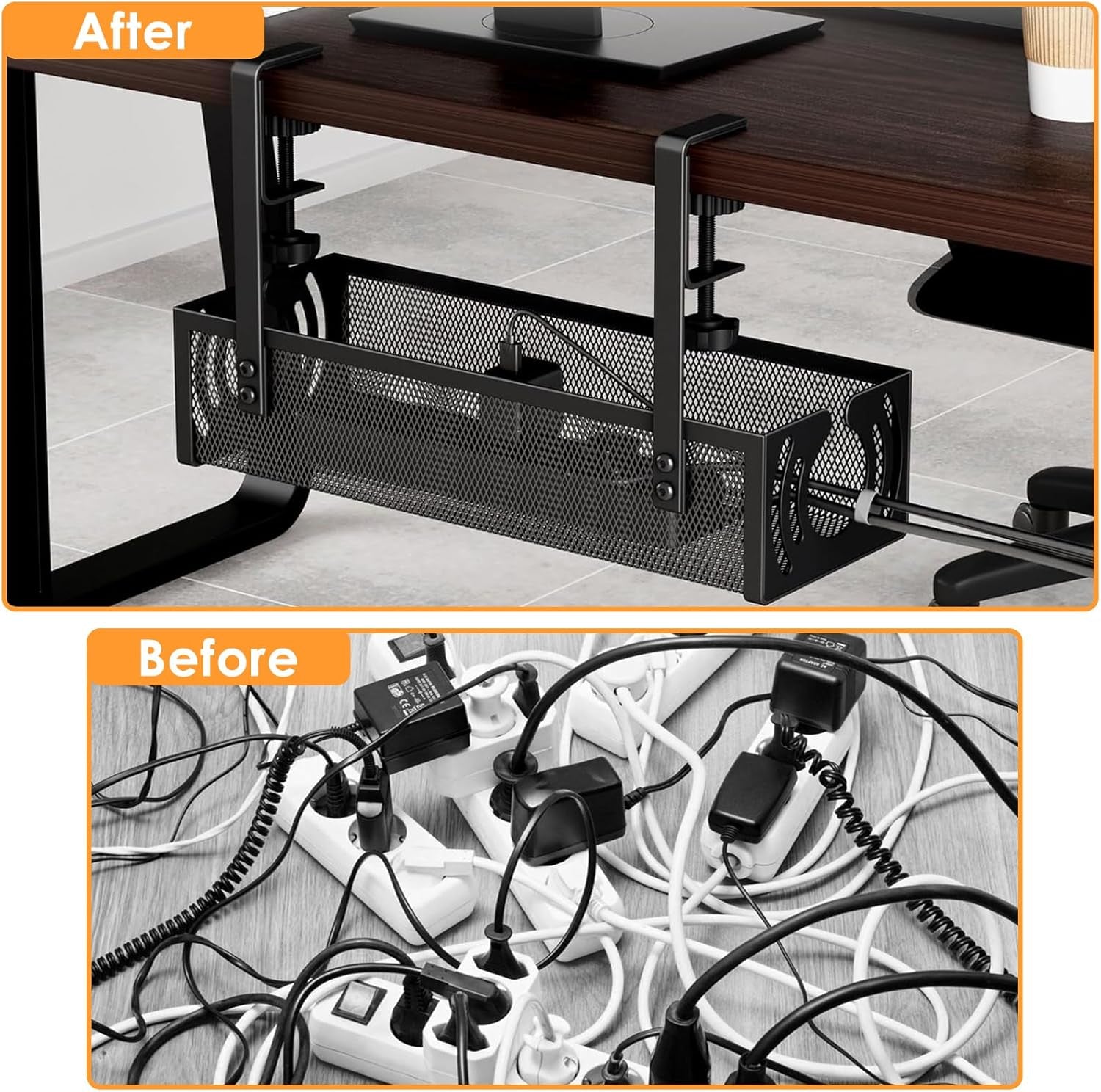Cable Management, 39CM Long under Desk Cable Management No Drill, Metal Cable Tidy with Clamp for Standing Desk, Cable Organiser for Home Office, Black