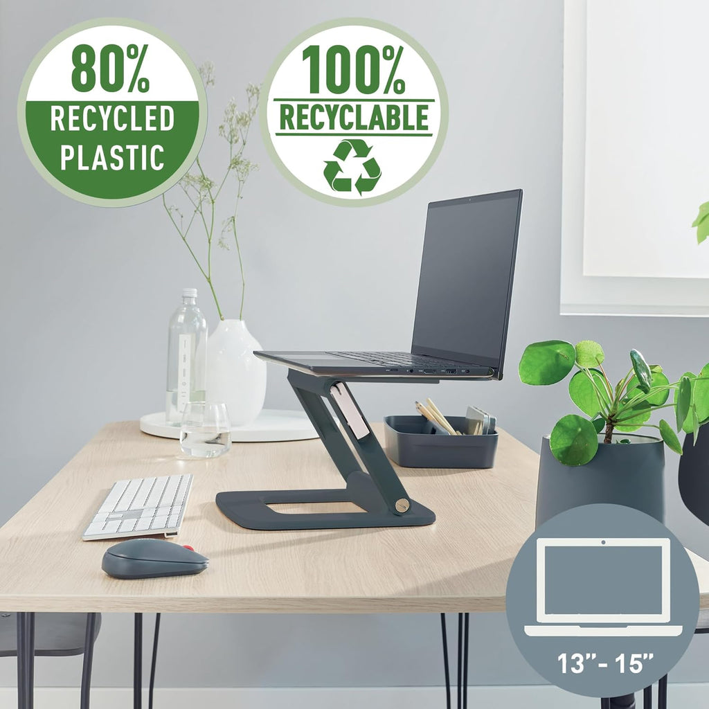 Height Adjustable Multi-Angle Laptop Stand, 80% Recycled Plastic, Six Pre-Set Height & Angle Combinations, Compact Footprint, 100% Recyclable, Ergo Range, Dark Grey, 64240089
