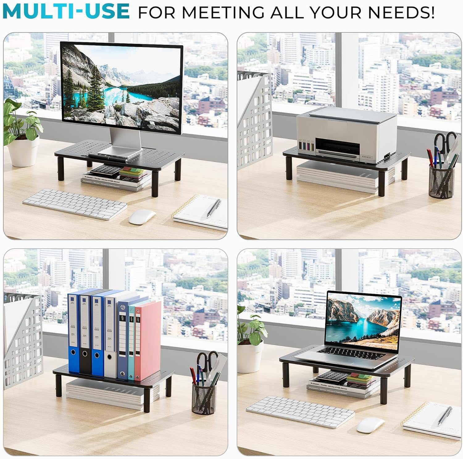 Metal Monitor Stand, Adjustable Height Riser for Desk, Ergonomic 3-Level Desk Organizer with Cable Management, Laptop & Computer Monitor Stand up to 20KG, 2 Pack