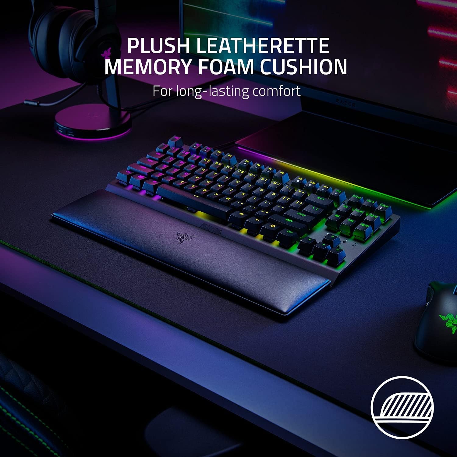 Ergonomic Wrist Rest Tenkeyless - Ergonomic Leatherette Keyboard Wrist Rest (Plush Leatherette Cushion, Anti-Slip Rubber Feet, Compatible with Tenkeyless Keyboards) Black