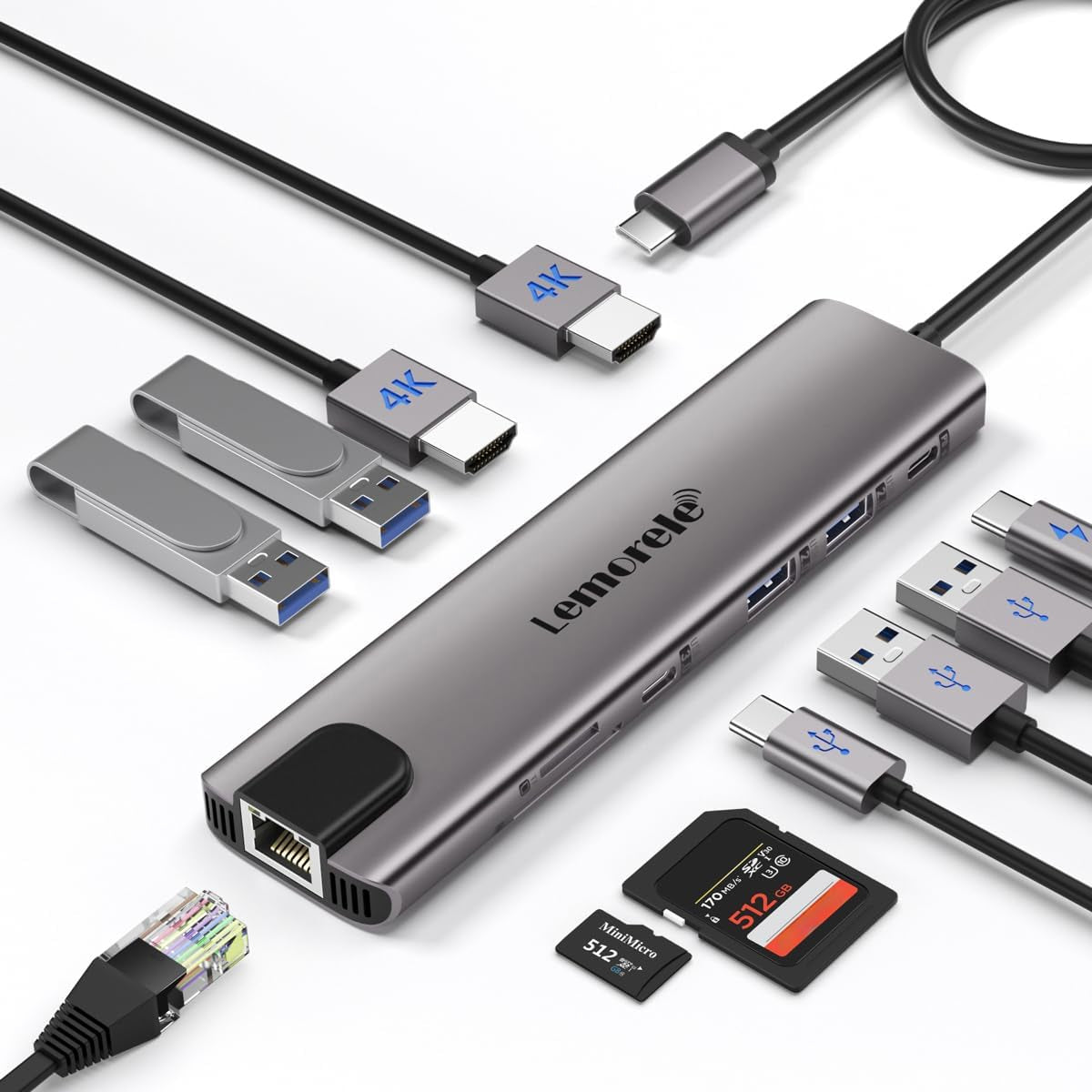 Aluminium Docking Station Dual HDMI, 11-In-1 USB-C Hub to 2 HDMI 4K, Gigabit Ethernet, 4 USB 3.0/2.0, 100W PD,USB-C 3.0,SD/TF Dual Monitor Multiport Adapter for Lenovo/Macbook/Hp/Dell/Acer