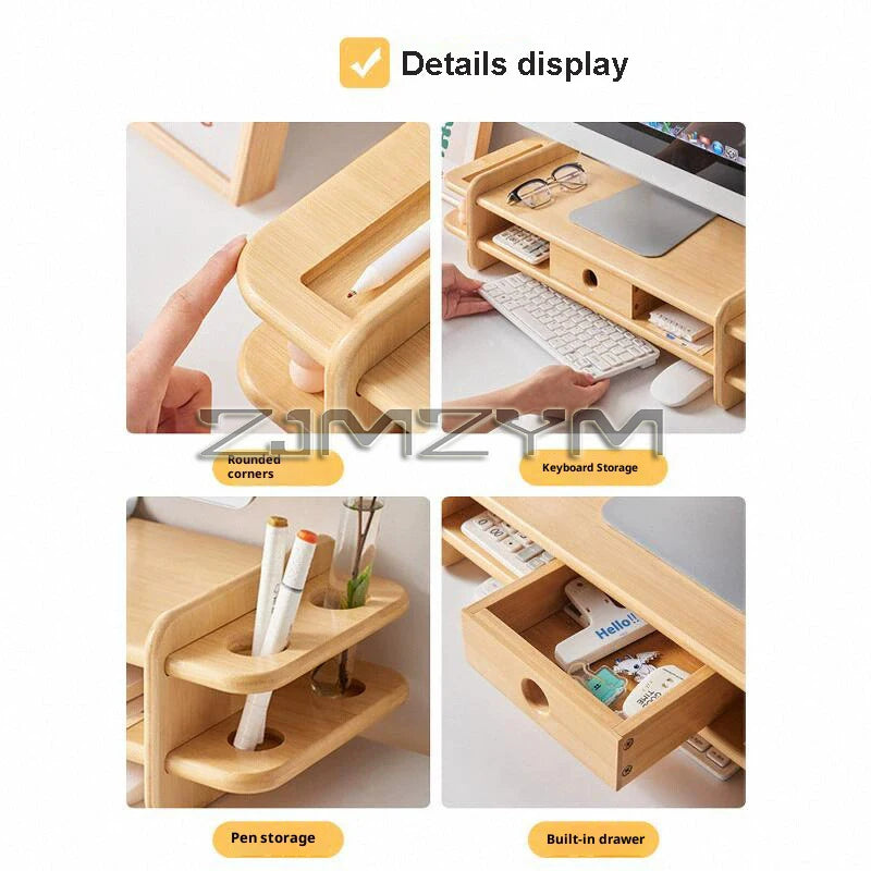 Monitor Stand Riser Bamboo Monitor Holder Desk Support Keyboard Mouse Organizer PC Screen Stand Office Storage