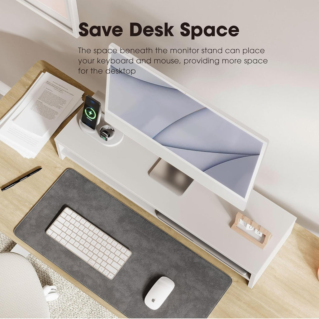 Monitor Stand Riser 2 Tiers Computer Monitor Stand Wood Desk Organizer for Pc/Laptop/Printer/Tv 80X23.5X14.2Cm Max Load 25KG Brown (White)
