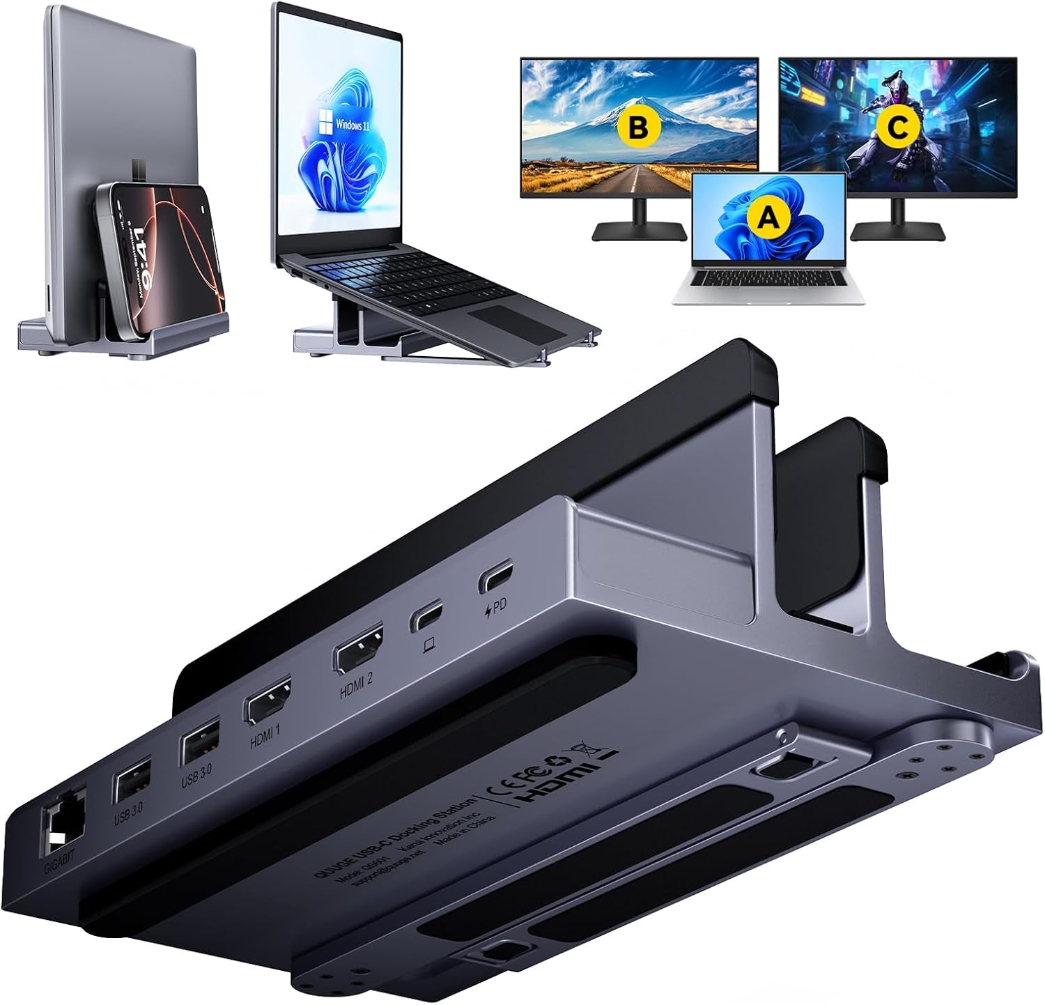 Docking Station Dual Monitor:  7 in 1 USB C Dock Stand with Dual Hdmi(4K120Hz + 60Hz), Gigabit Ethernet, 2Xusb3.0, 100W PD & Laptop Stand, Macbook Docking Station USB C for Macbook Air/Pro, Dell