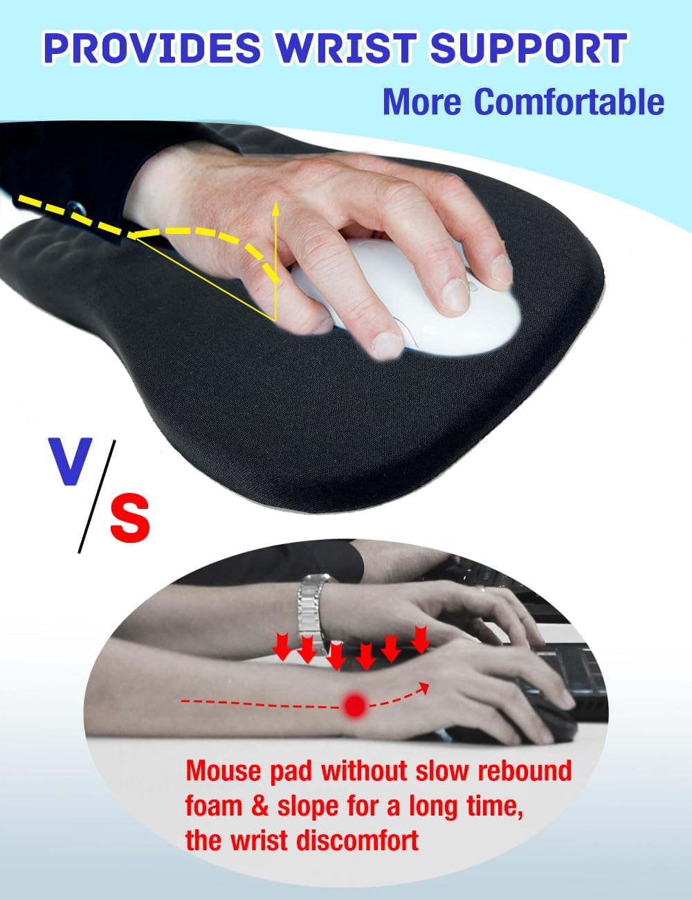 Ergonomic Mouse Pad with Wrist Rest Support, Massage Design Mouse Mat for Relief Carpal Tunnel Pain, Memory Foam Non-Slip Slope Massage Bulge (Black)