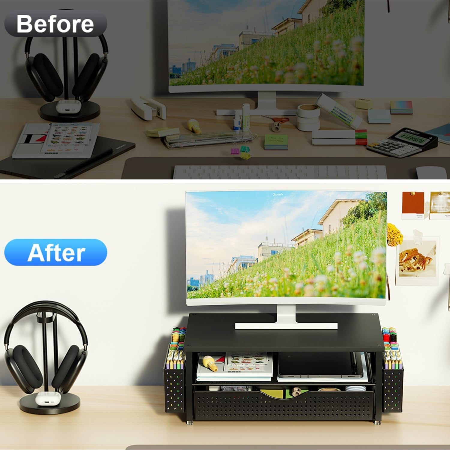 Monitor Stand with Drawer, Desk Organiser and Accessories, 2-Tier Computer Monitor Stand Riser with Drawer and 2 Pen Holder, Laptop Stand, Office Desk Accessories for Desk Tidy