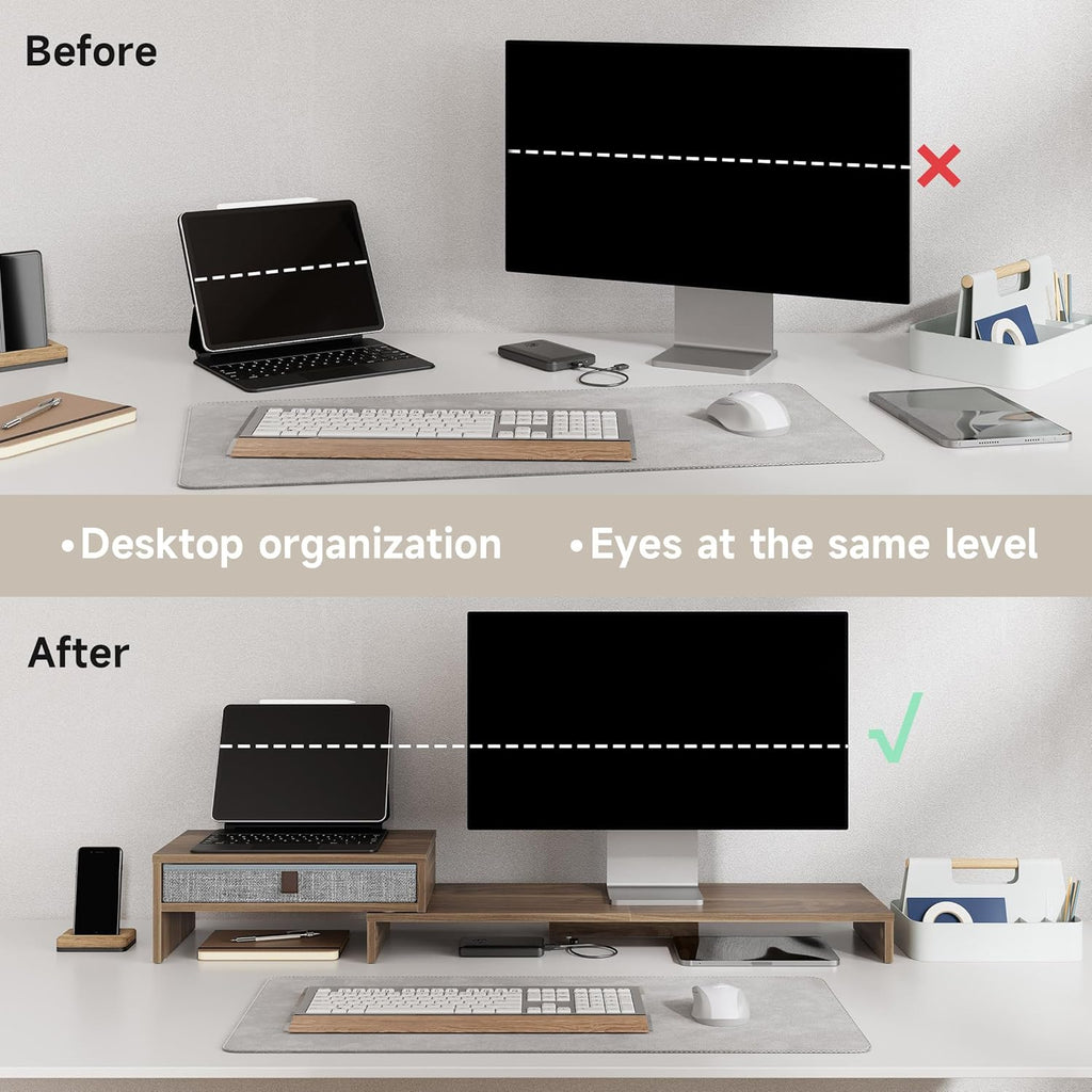 Monitor Stand Riser with Drawer 2 Shelf with Swivel and Adjustable Wood Computer Monitor Stands for 2 Monitors PC Laptop, Desktop Organizer (Brown)