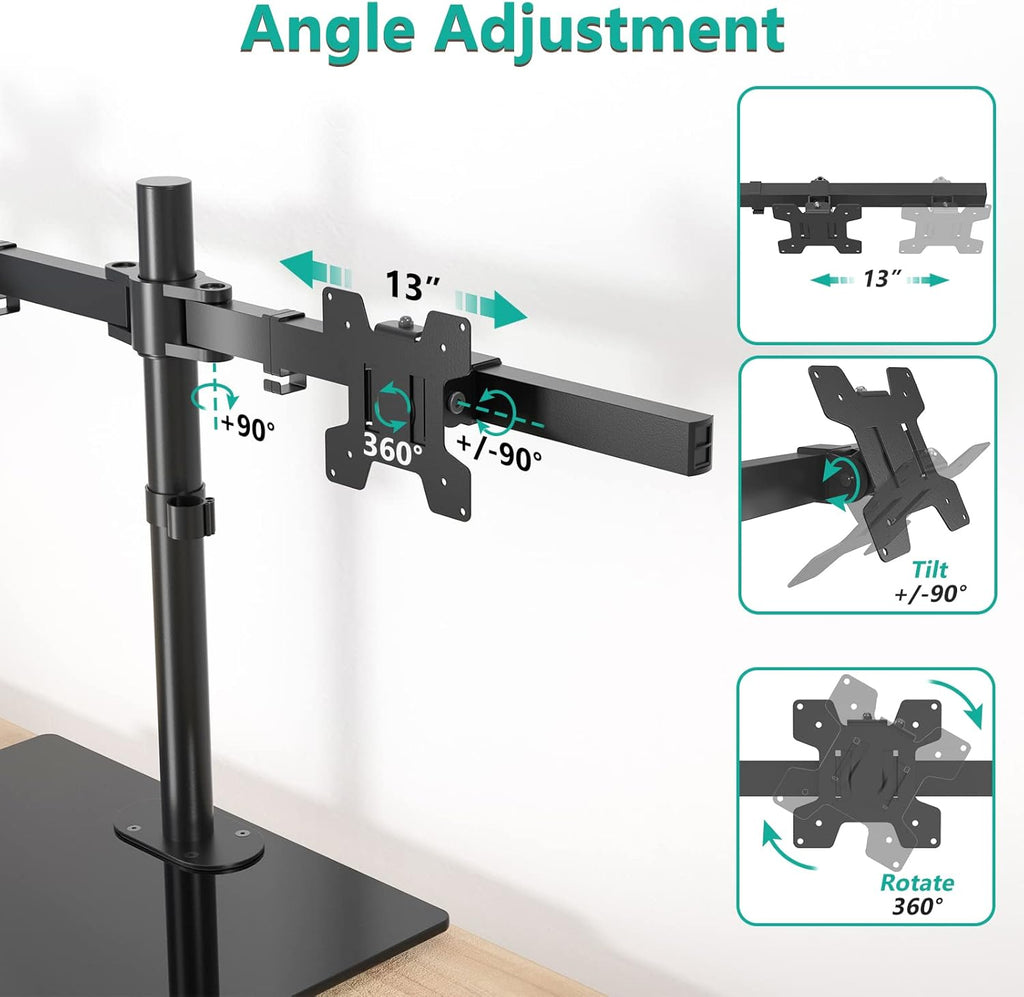 Dual Monitor Stand for 13 to 27 Inch Screen, Freestanding Arm with Tilt Swivel Rotate Extension, Height Adjustable, Holds up to 10 Kg/Arm, VESA 75 & 100Mm (GMF002)