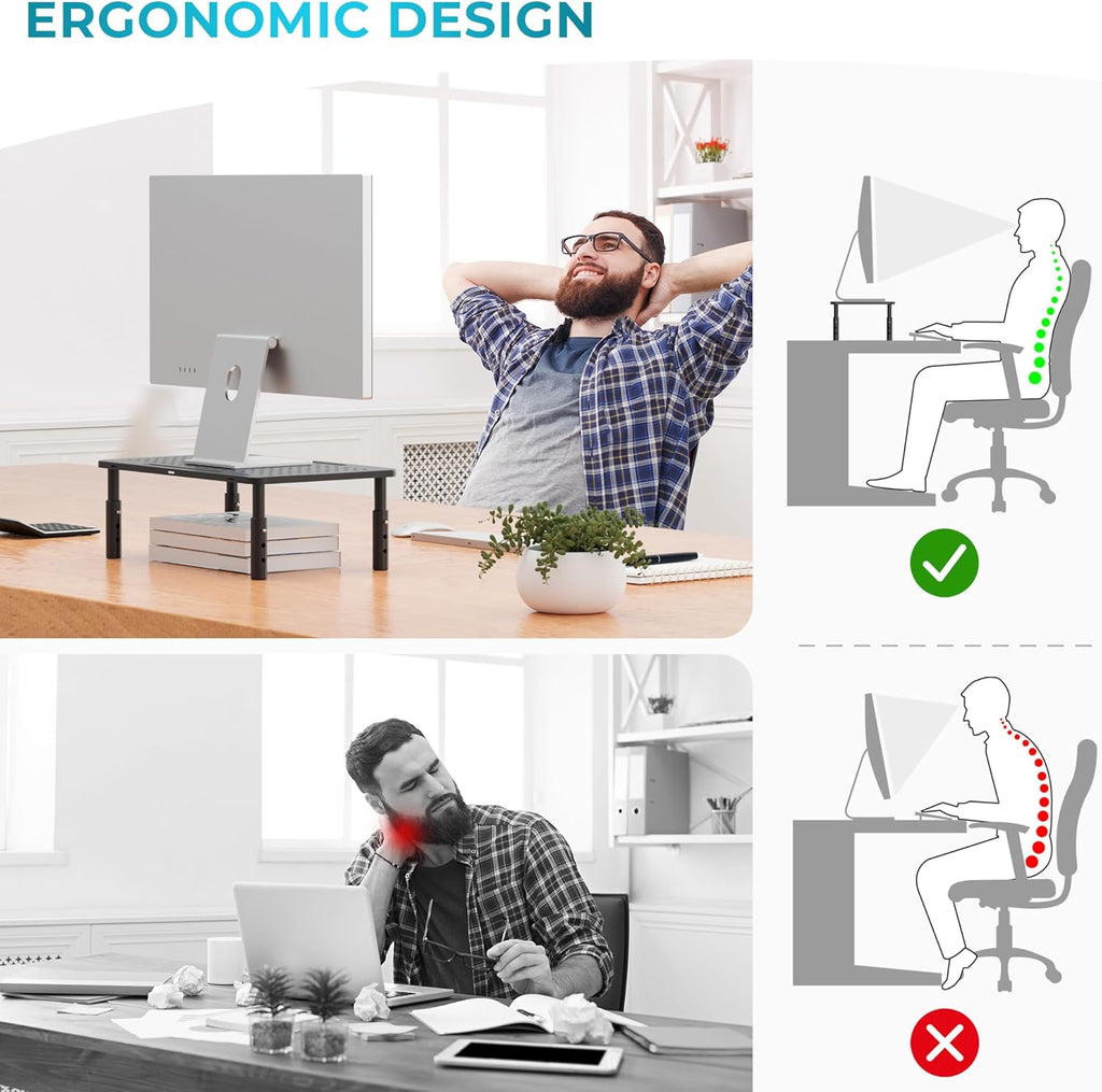 Metal Monitor Stand, Adjustable Height Riser for Desk, Ergonomic 3-Level Desk Organizer with Cable Management, Laptop & Computer Monitor Stand up to 20KG, 2 Pack