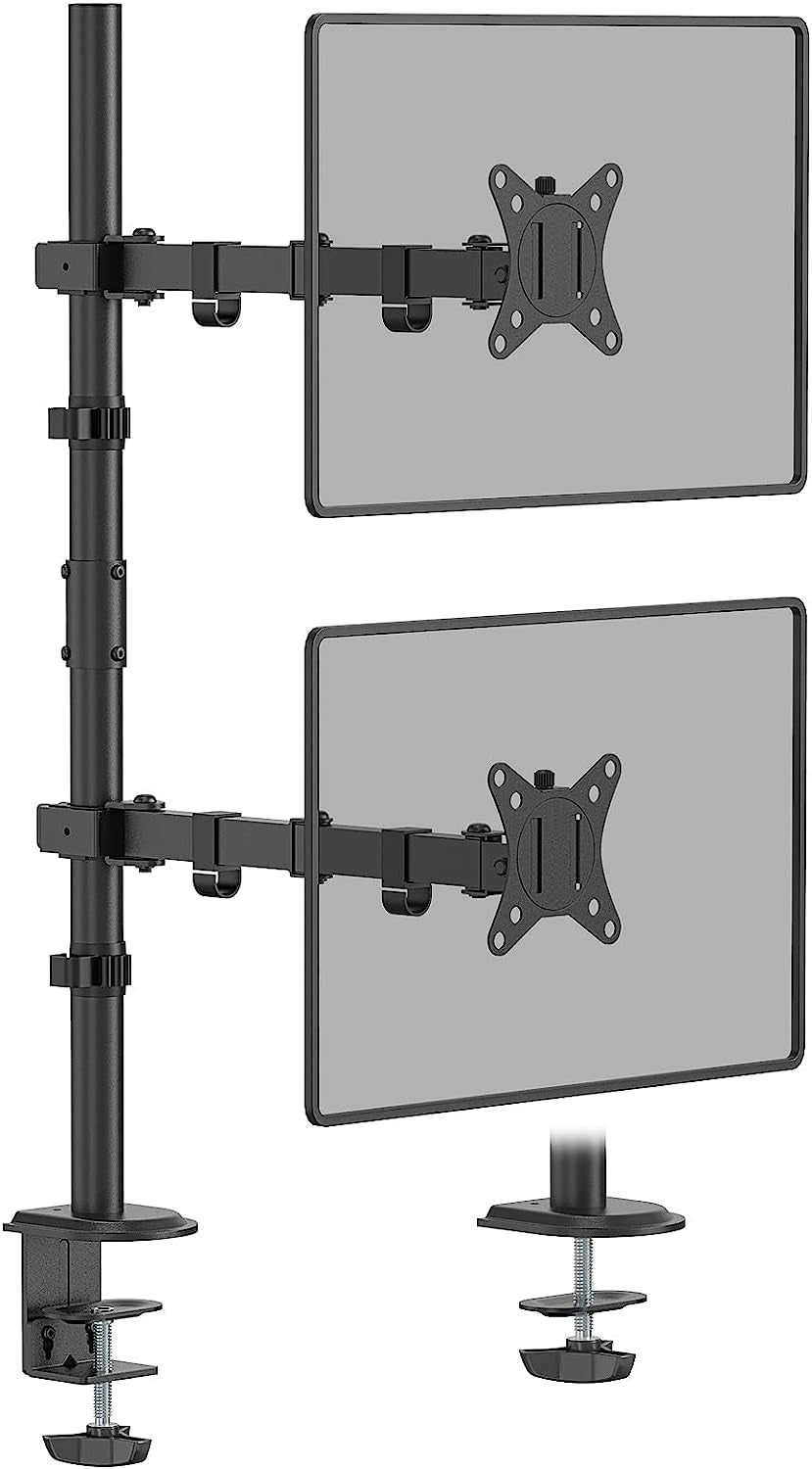 Dual Monitor Stand- Vertical Stack Monitor Desk Mount for Two Screens up to 32 Inch Height Adjustable Screen Supports with Swivel, Tilt, Rotation, C-Clamp and Grommet Bases