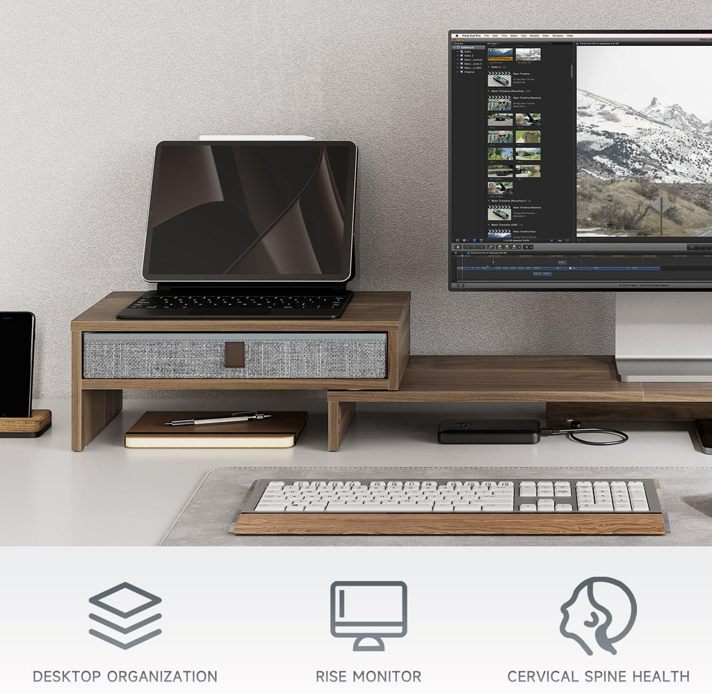 Monitor Stand Riser with Drawer 2 Shelf with Swivel and Adjustable Wood Computer Monitor Stands for 2 Monitors PC Laptop, Desktop Organizer (Brown)