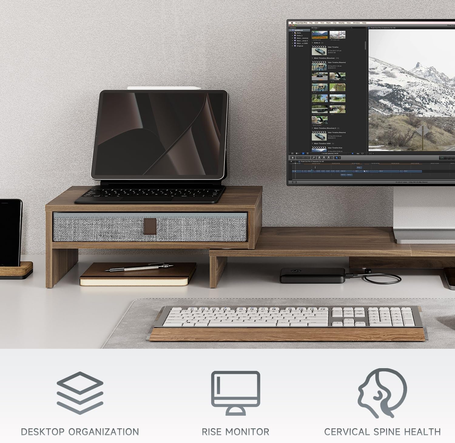 Monitor Stand Riser with Drawer 2 Shelf with Swivel and Adjustable Wood Computer Monitor Stands for 2 Monitors PC Laptop, Desktop Organizer (Brown)