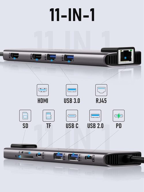 Aluminium Docking Station Dual HDMI, 11-In-1 USB-C Hub to 2 HDMI 4K, Gigabit Ethernet, 4 USB 3.0/2.0, 100W PD,USB-C 3.0,SD/TF Dual Monitor Multiport Adapter for Lenovo/Macbook/Hp/Dell/Acer