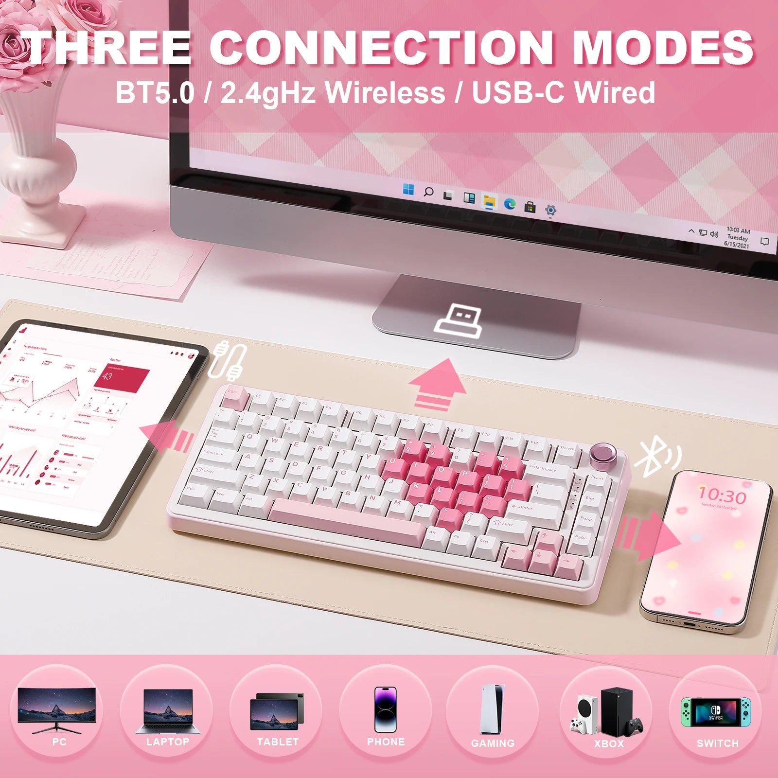 B75 PRO White Heart Mechanical Gaming Keyboard, Gasket 75 Knob RGB Keyboard, Triple Mode Hot-Swap Custom Creamy Keyboard
