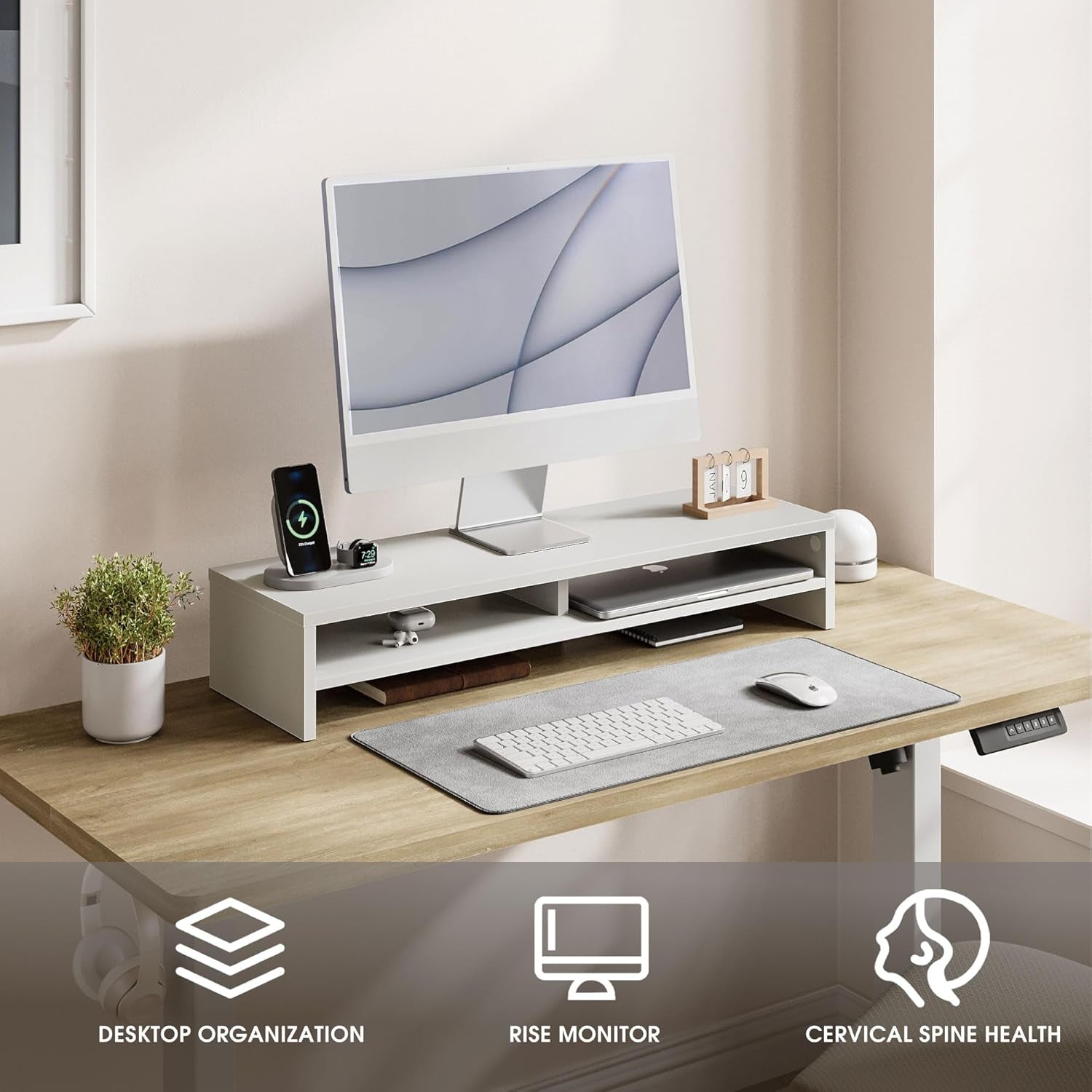 Monitor Stand Riser 2 Tiers Computer Monitor Stand Wood Desk Organizer for Pc/Laptop/Printer/Tv 80X23.5X14.2Cm Max Load 25KG Brown (White)