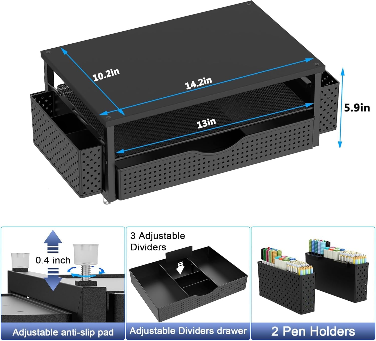 Monitor Stand with Drawer, Desk Organiser and Accessories, 2-Tier Computer Monitor Stand Riser with Drawer and 2 Pen Holder, Laptop Stand, Office Desk Accessories for Desk Tidy