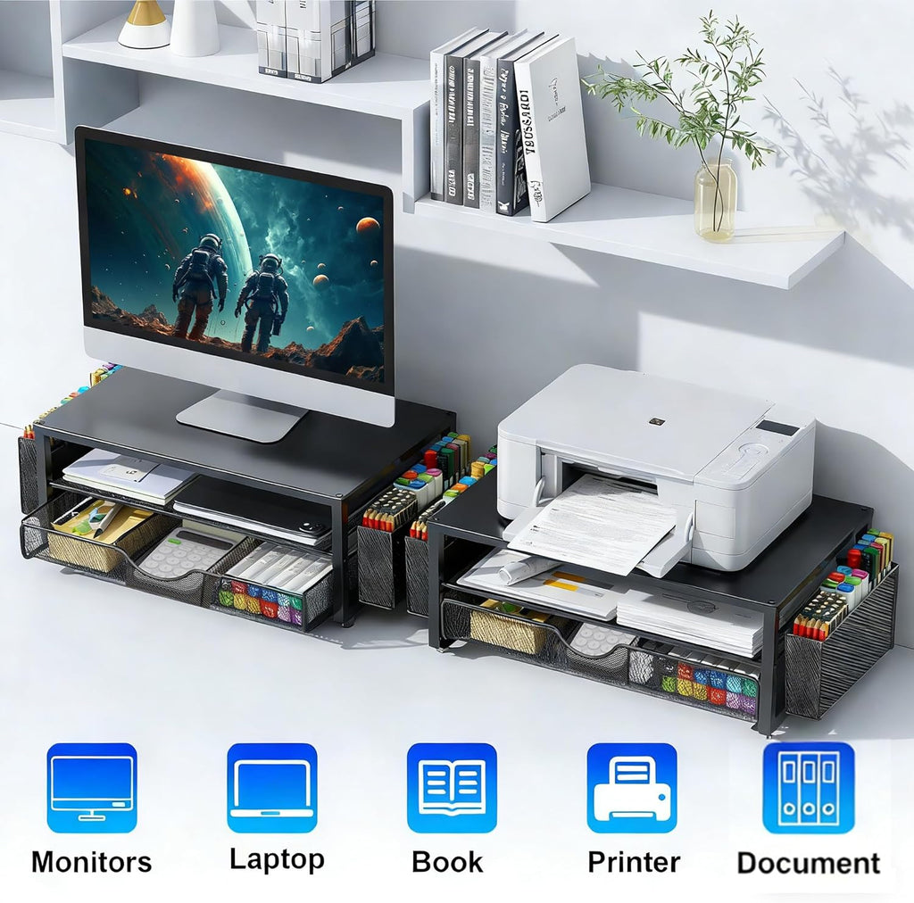 Monitor Stand with Drawer, Desk Organiser and Accessories, 2-Tier Computer Monitor Stand Riser with Drawer and 2 Pen Holder, Laptop Stand, Office Desk Accessories for Desk Tidy