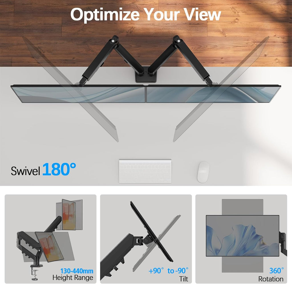 Dual Monitor Arm Desk Mount for 13 to 32 Inch Screens, Monitor Arms for 2-9Kg Computer Screens, Height Adjustable Stand with Tilt, Swivel, and Rotation,Vesa 75 & 100 Mm, EU8014B