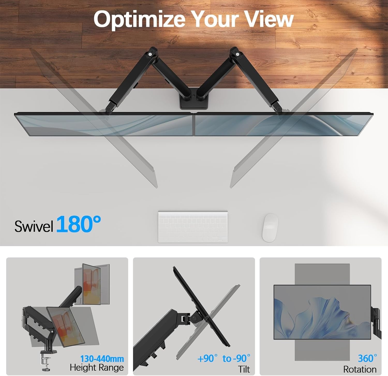Dual Monitor Arm Desk Mount for 13 to 32 Inch Screens, Monitor Arms for 2-9Kg Computer Screens, Height Adjustable Stand with Tilt, Swivel, and Rotation,Vesa 75 & 100 Mm, EU8014B