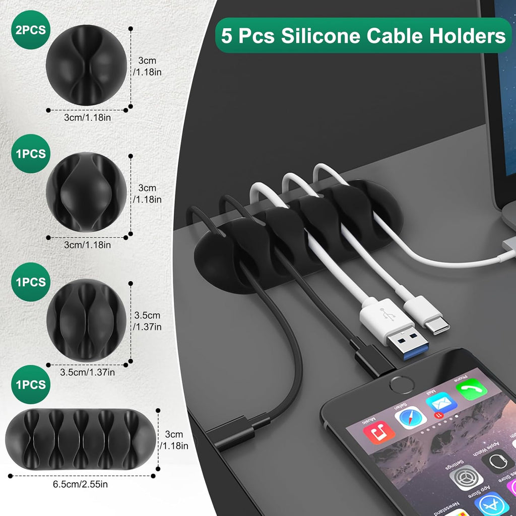 Omscun Cable Management Kit, 157 Pcs Cable Management, Cable Organiser with 5 Silicone Cable Holders, 15 Cable Clamps Self-Adhesive, 100 Cable Ties, 20 Self-Adhesive Cable Clamps