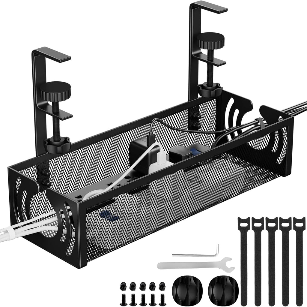 Cable Management, 39CM Long under Desk Cable Management No Drill, Metal Cable Tidy with Clamp for Standing Desk, Cable Organiser for Home Office, Black