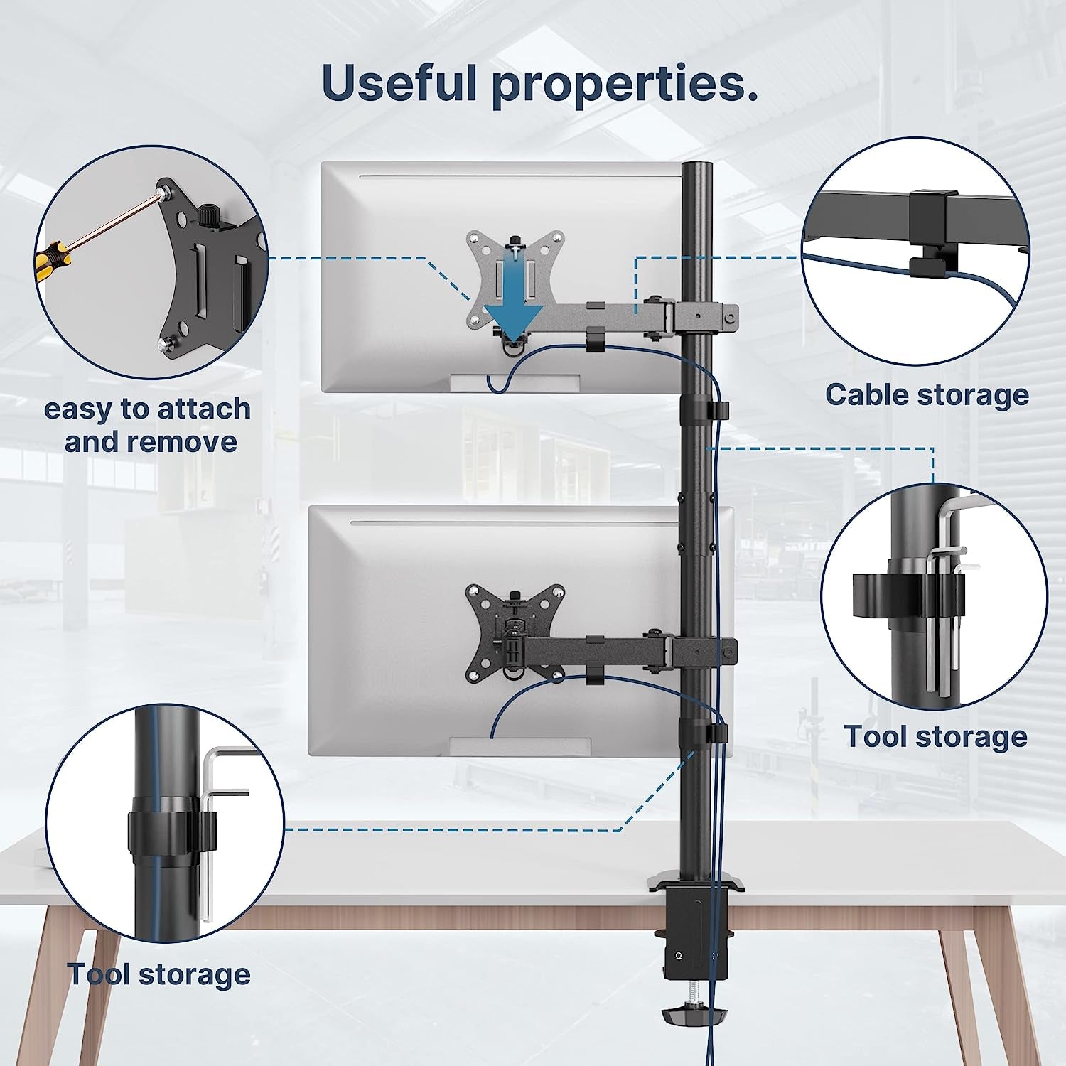 Dual Monitor Stand- Vertical Stack Monitor Desk Mount for Two Screens up to 32 Inch Height Adjustable Screen Supports with Swivel, Tilt, Rotation, C-Clamp and Grommet Bases