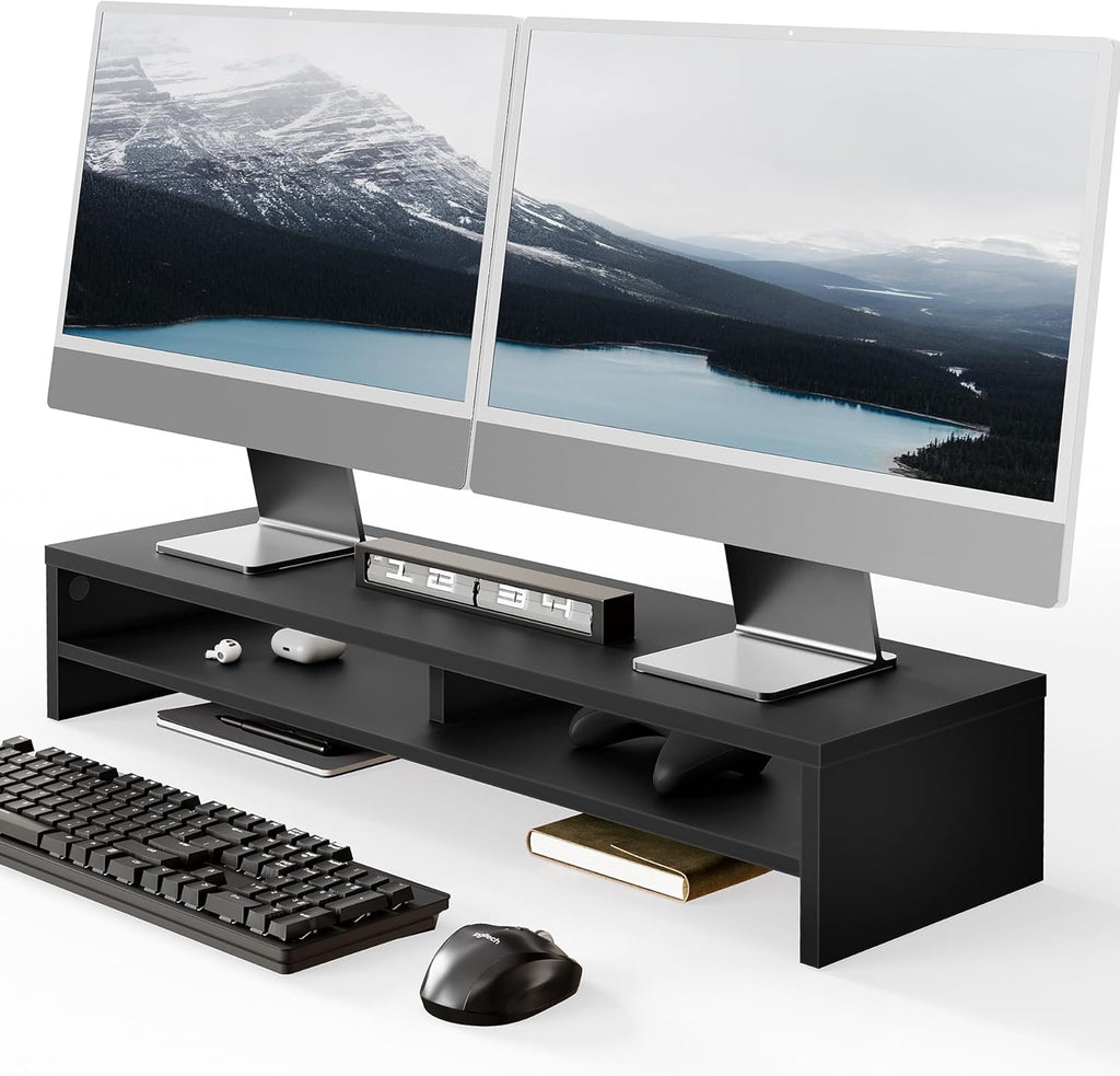Monitor Stand Riser 2 Tiers Computer Monitor Stand Wood Desk Organizer for Pc/Laptop/Printer/Tv 80X23.5X14.2Cm Max Load 25KG Brown (Black)