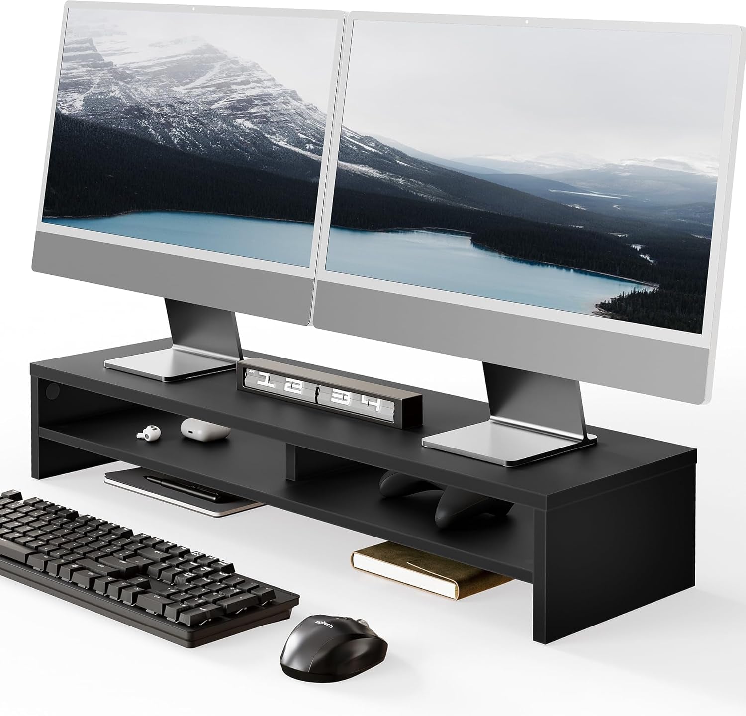 Monitor Stand Riser 2 Tiers Computer Monitor Stand Wood Desk Organizer for Pc/Laptop/Printer/Tv 80X23.5X14.2Cm Max Load 25KG Brown (Black)