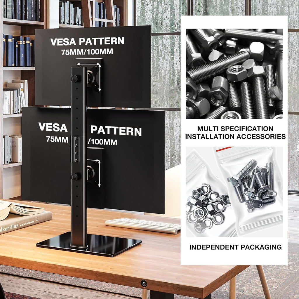 Dual Monitor Stand for 13-38 Inch Screens, Vertical Monitor Stand for Desk, Rotation & Swivel Arms, Height Adjustable 2 Mount Stand with VESA 75X75/100X100Mm up to 20KG