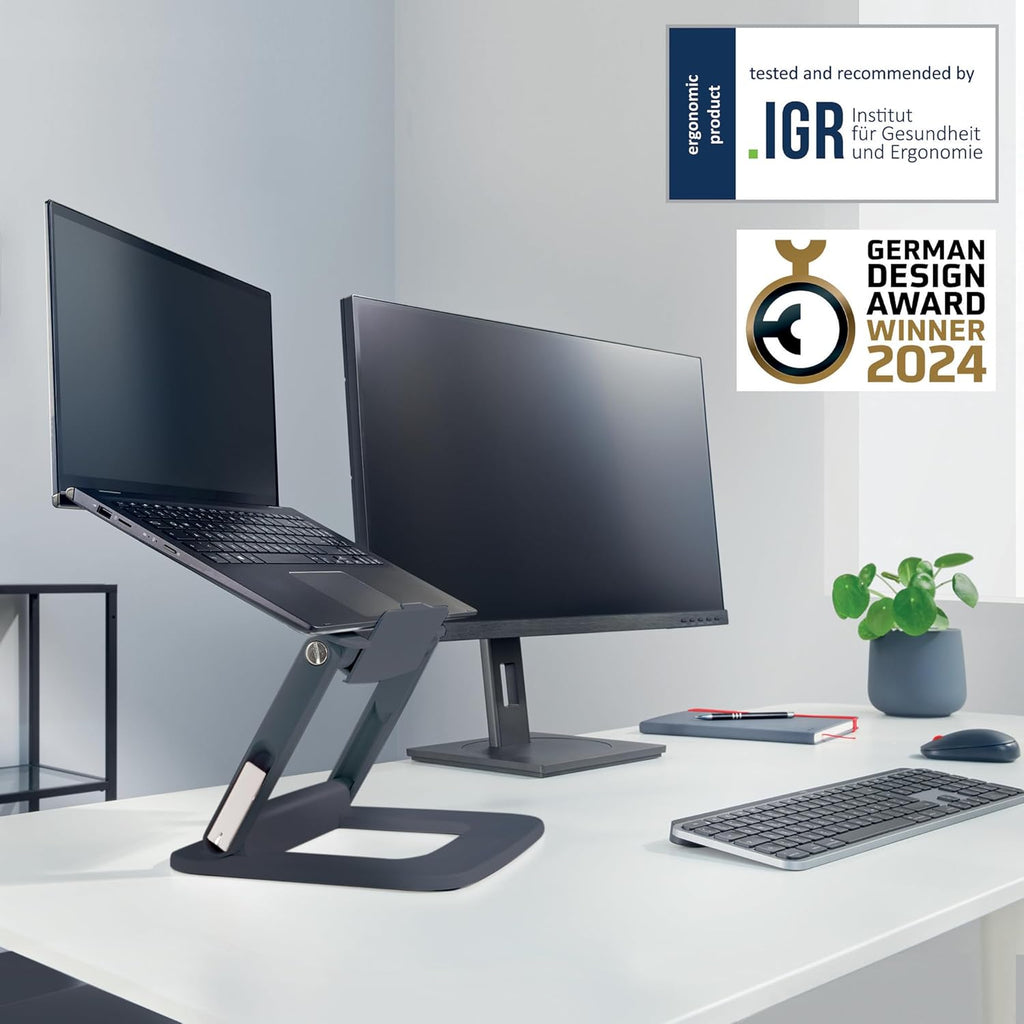 Height Adjustable Multi-Angle Laptop Stand, 80% Recycled Plastic, Six Pre-Set Height & Angle Combinations, Compact Footprint, 100% Recyclable, Ergo Range, Dark Grey, 64240089