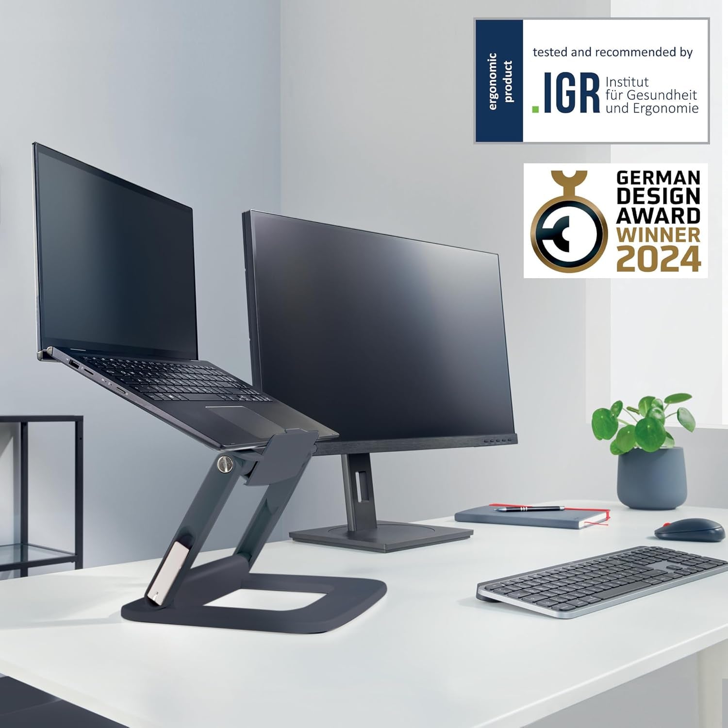 Height Adjustable Multi-Angle Laptop Stand, 80% Recycled Plastic, Six Pre-Set Height & Angle Combinations, Compact Footprint, 100% Recyclable, Ergo Range, Dark Grey, 64240089
