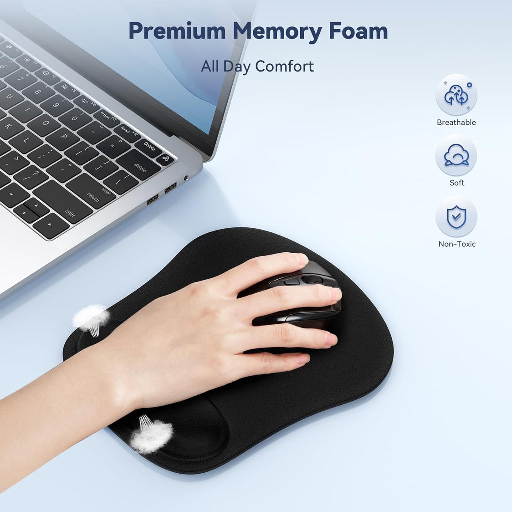Mouse Mat Wrist Support, 2 Pack Ergonomic Mouse Mat with Memory Foam, Mice Pad with Anti-Slip Rubber Base, Waterproof Surface Mouse Pad for Computer, Laptop, Office, Home and Travel, Black