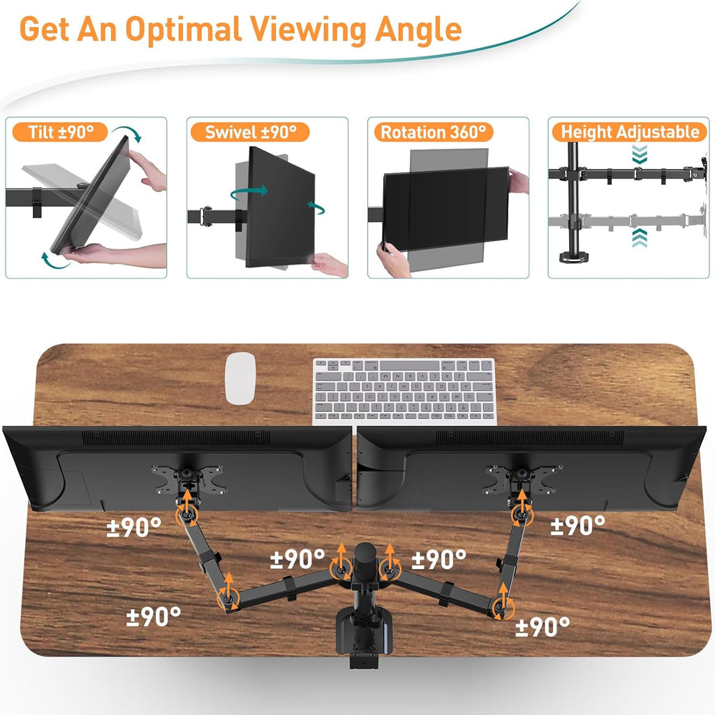 Dual Monitor Arms for 13-32 Inch LED LCD Screens, Flat/Curved, VESA 75/100Mm, Adjustable Height, Tilt & Swivel, up to 8KG