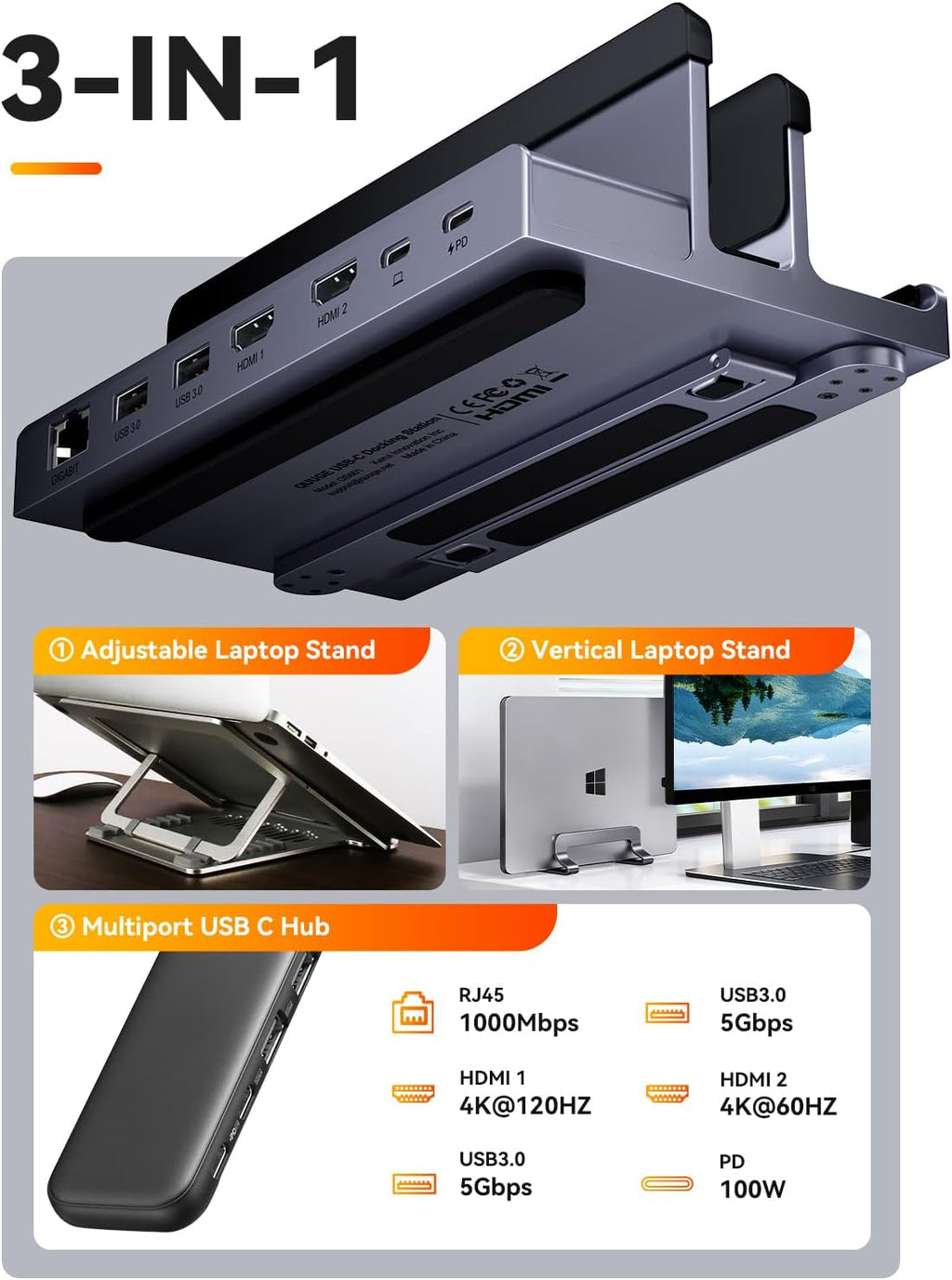 Docking Station Dual Monitor:  7 in 1 USB C Dock Stand with Dual Hdmi(4K120Hz + 60Hz), Gigabit Ethernet, 2Xusb3.0, 100W PD & Laptop Stand, Macbook Docking Station USB C for Macbook Air/Pro, Dell
