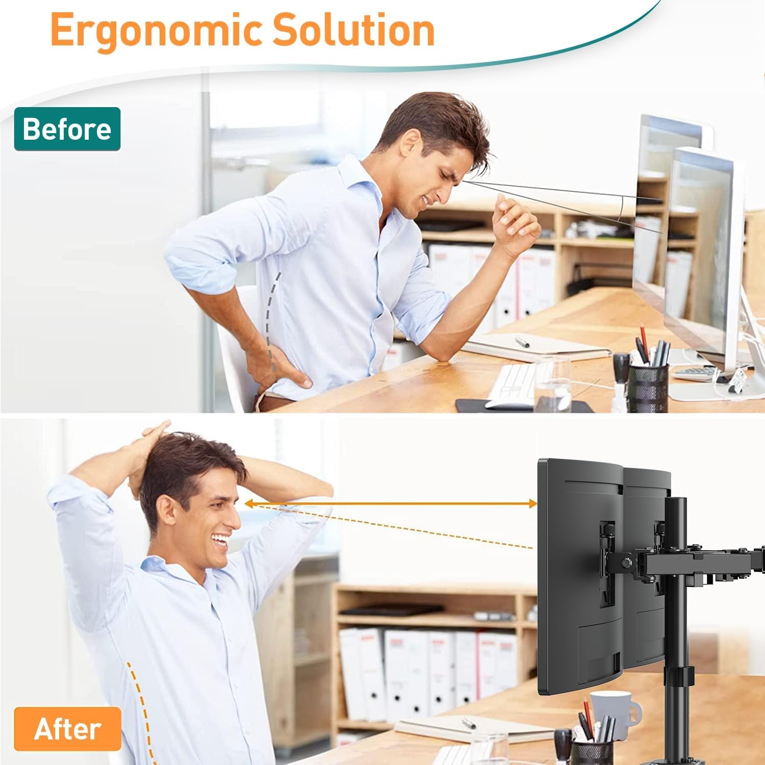 Dual Monitor Arms for 13-32 Inch LED LCD Screens, Flat/Curved, VESA 75/100Mm, Adjustable Height, Tilt & Swivel, up to 8KG