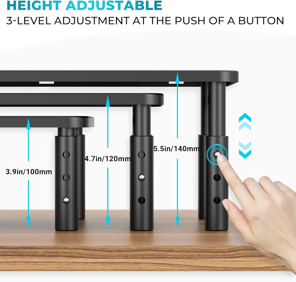 Metal Monitor Stand, Adjustable Height Riser for Desk, Ergonomic 3-Level Desk Organizer with Cable Management, Laptop & Computer Monitor Stand up to 20KG, 2 Pack