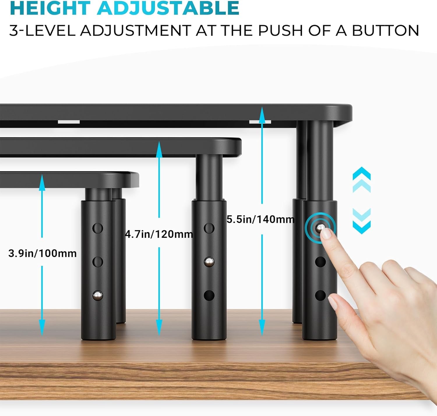 Metal Monitor Stand, Adjustable Height Riser for Desk, Ergonomic 3-Level Desk Organizer with Cable Management, Laptop & Computer Monitor Stand up to 20KG, 2 Pack