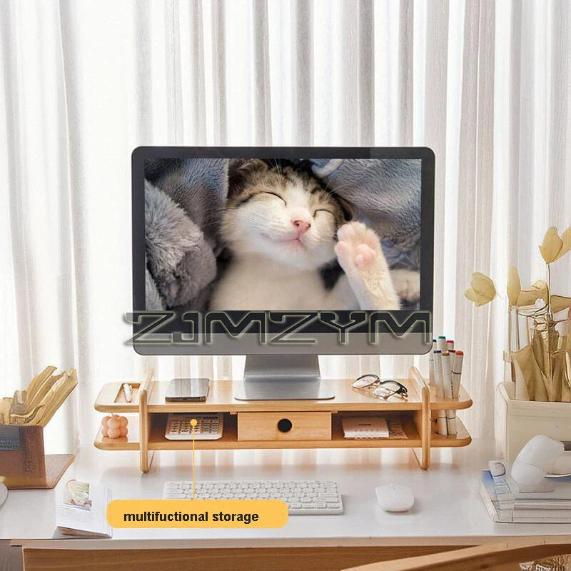 Monitor Stand Riser Bamboo Monitor Holder Desk Support Keyboard Mouse Organizer PC Screen Stand Office Storage