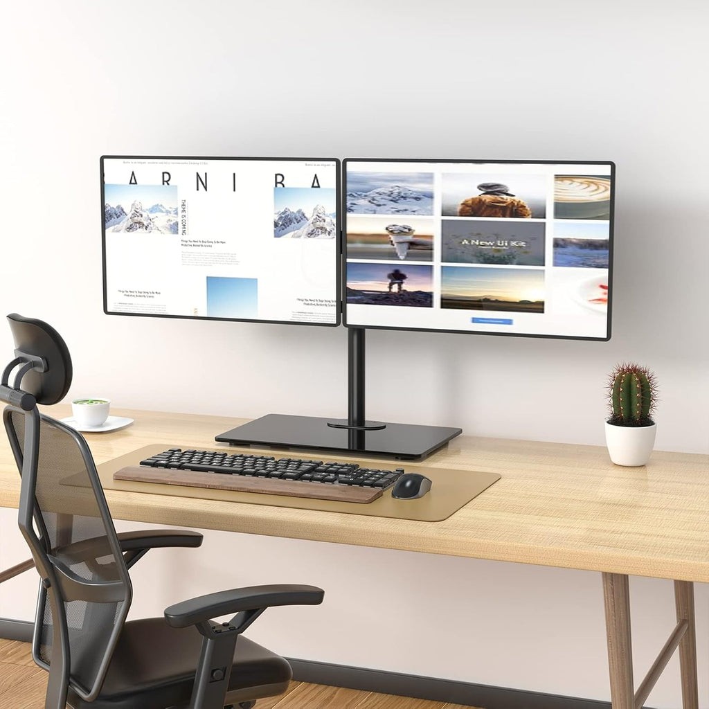 Dual Monitor Stand for 13 to 27 Inch Screen, Freestanding Arm with Tilt Swivel Rotate Extension, Height Adjustable, Holds up to 10 Kg/Arm, VESA 75 & 100Mm (GMF002)