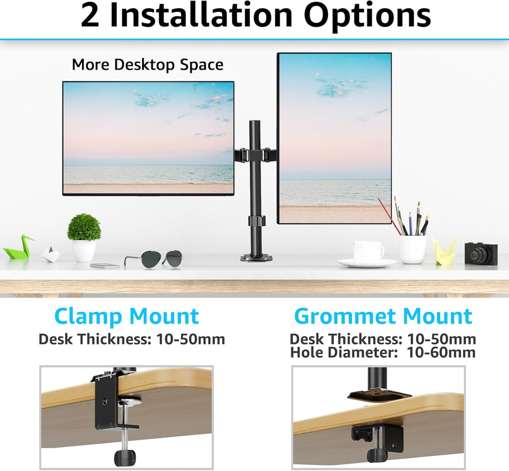 Dual Monitor Stand, Adjustable Monitor Arm Desk Mount for 13-32 Inch Screens, Double Arm with Tilt Swivel Rotate, VESA: 75X75Mm & 100X100Mm, EU0002
