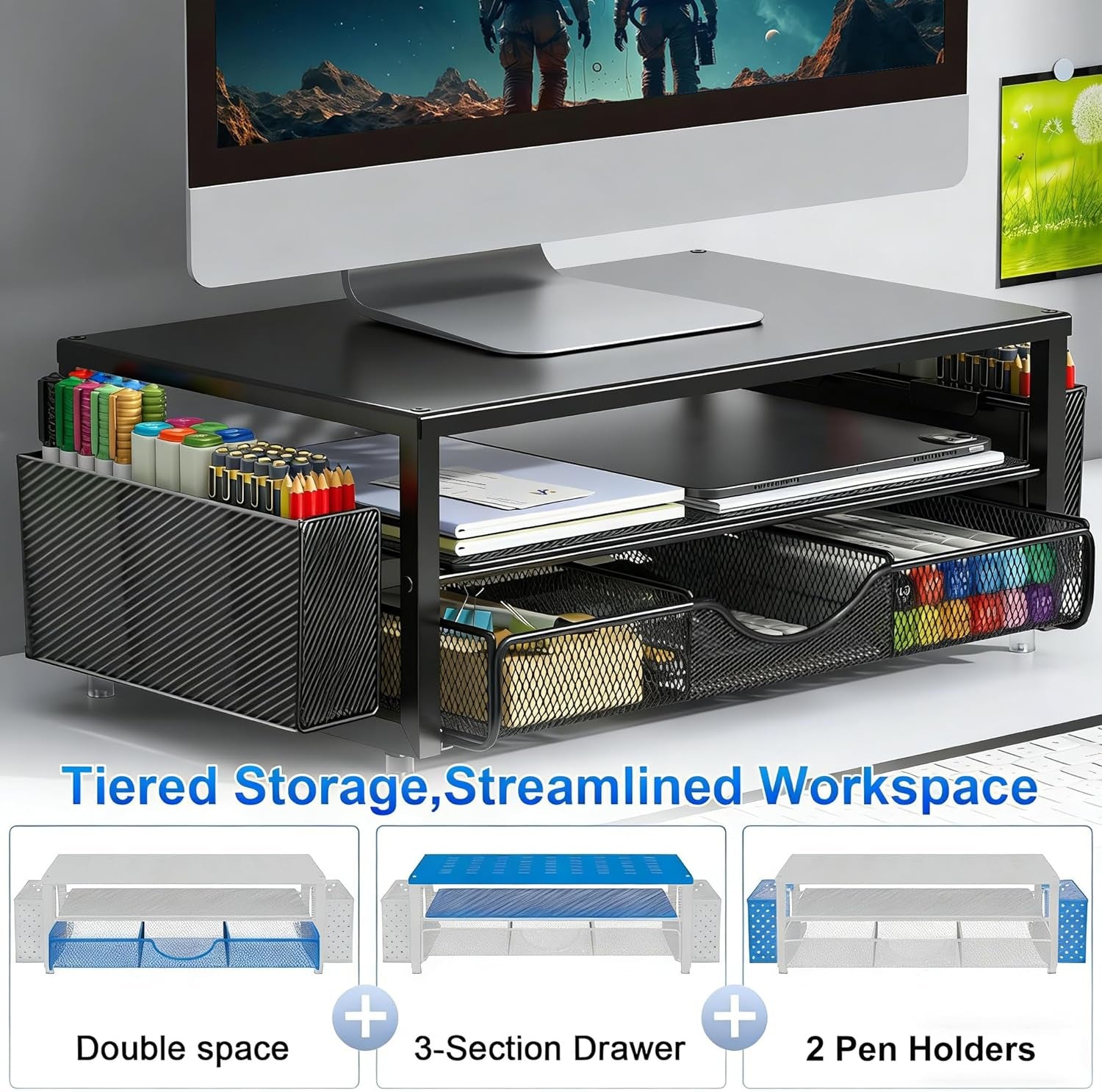 Monitor Stand with Drawer, Desk Organiser and Accessories, 2-Tier Computer Monitor Stand Riser with Drawer and 2 Pen Holder, Laptop Stand, Office Desk Accessories for Desk Tidy