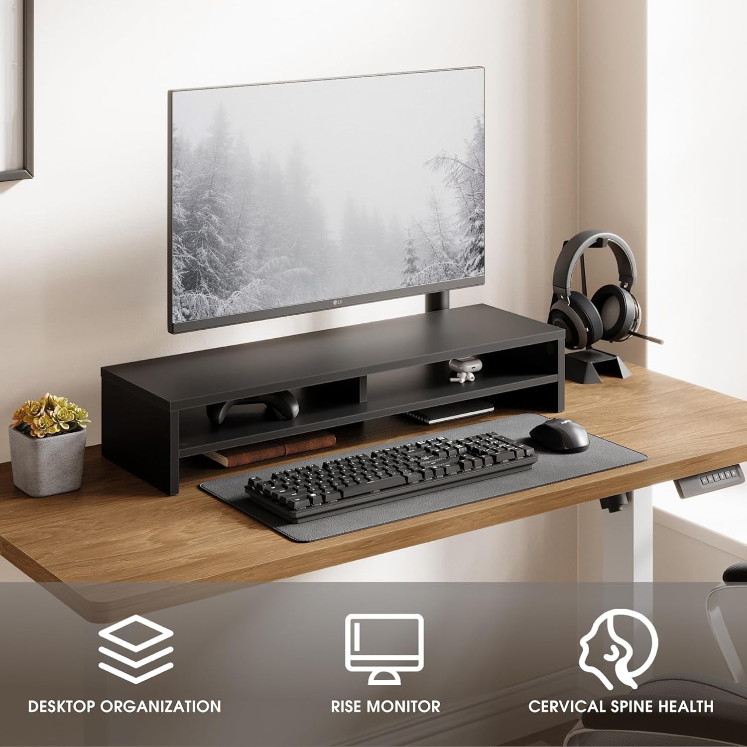 Monitor Stand Riser 2 Tiers Computer Monitor Stand Wood Desk Organizer for Pc/Laptop/Printer/Tv 80X23.5X14.2Cm Max Load 25KG Brown (Black)