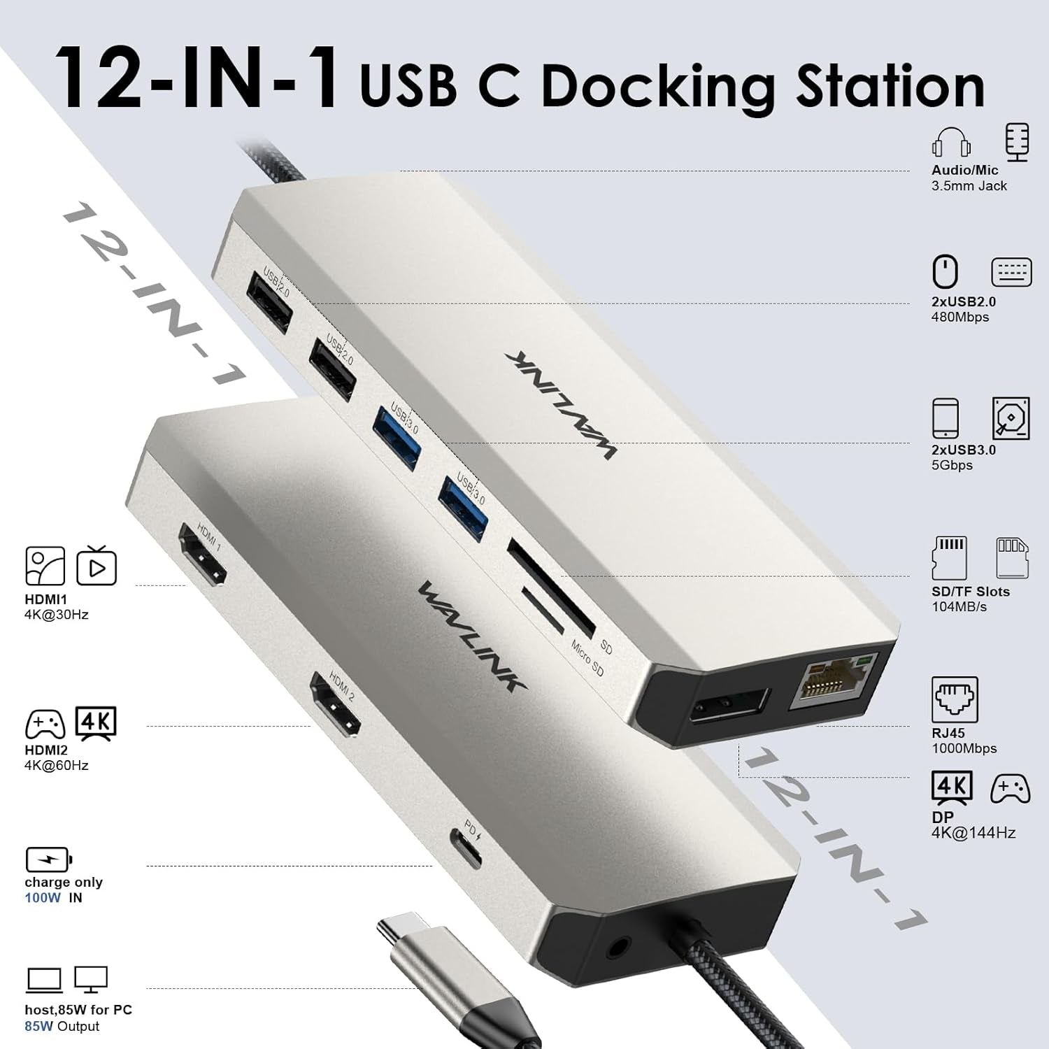 USB C Dual Monitor Docking Station, Docking Station with Two HDMI, DP, 100W PD, USB3.0&2.0, RJ45, SD/TF Slots, Audio/Microphone, Compatible with Windows Computers Only