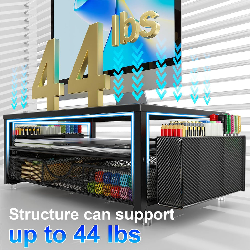 Monitor Stand with Drawer, Desk Organiser and Accessories, 2-Tier Computer Monitor Stand Riser with Drawer and 2 Pen Holder, Laptop Stand, Office Desk Accessories for Desk Tidy