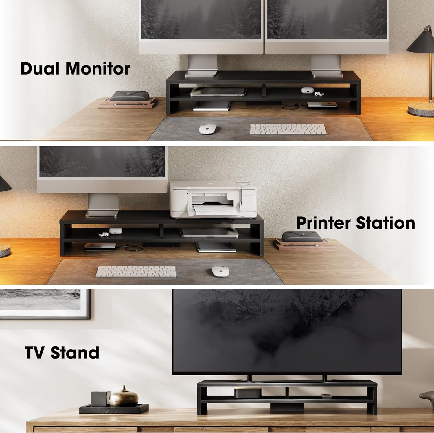 Monitor Stand Riser 2 Tiers Computer Monitor Stand Wood Desk Organizer for Pc/Laptop/Printer/Tv 80X23.5X14.2Cm Max Load 25KG Brown (Black)