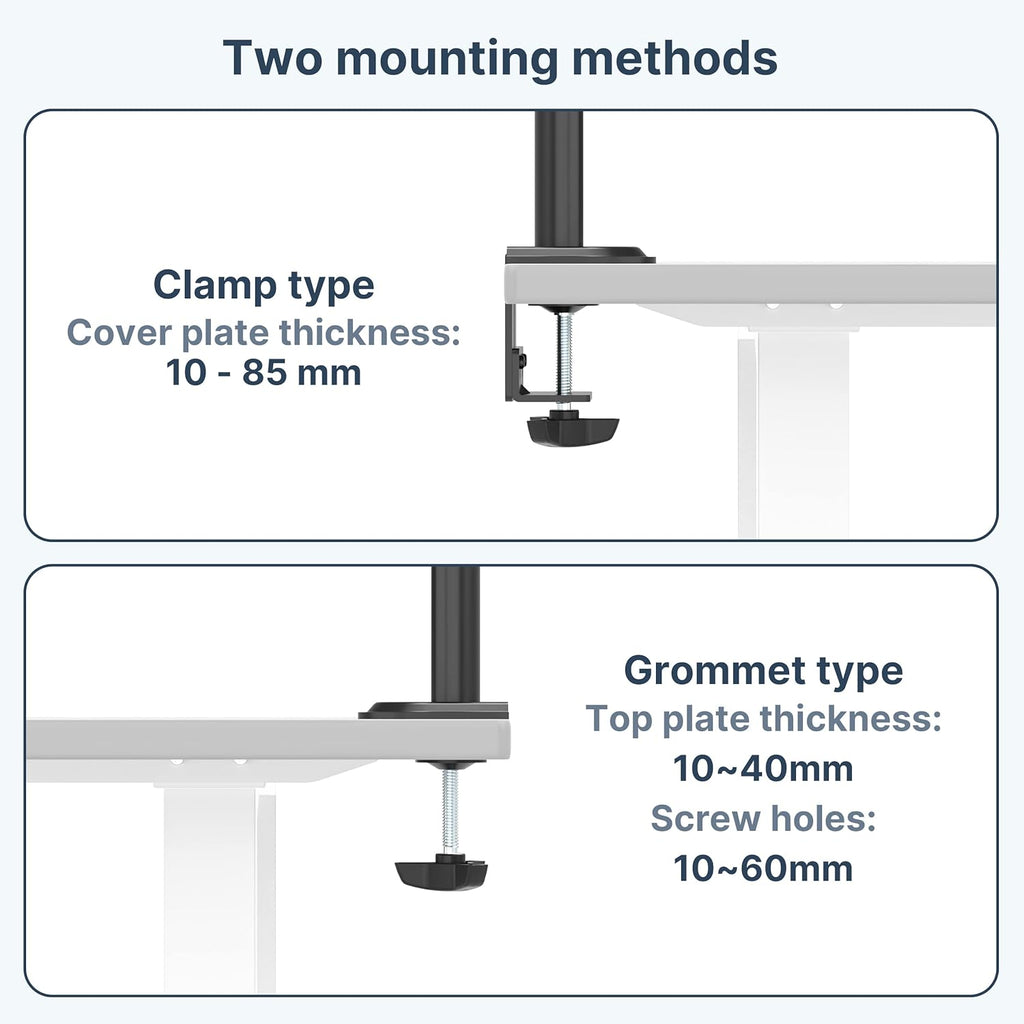 Dual Monitor Stand- Vertical Stack Monitor Desk Mount for Two Screens up to 32 Inch Height Adjustable Screen Supports with Swivel, Tilt, Rotation, C-Clamp and Grommet Bases