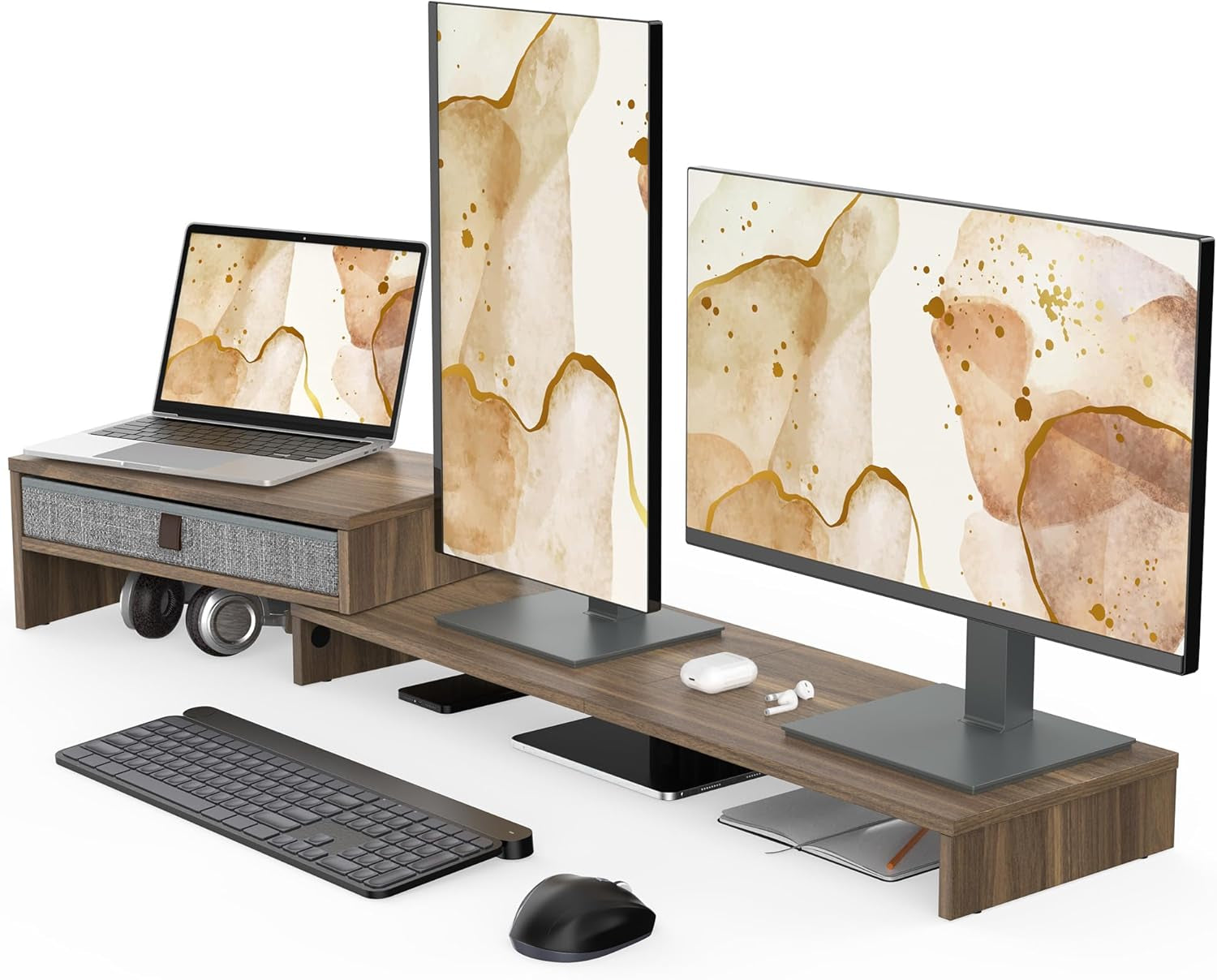 Monitor Stand Riser with Drawer 2 Shelf with Swivel and Adjustable Wood Computer Monitor Stands for 2 Monitors PC Laptop, Desktop Organizer (Brown)