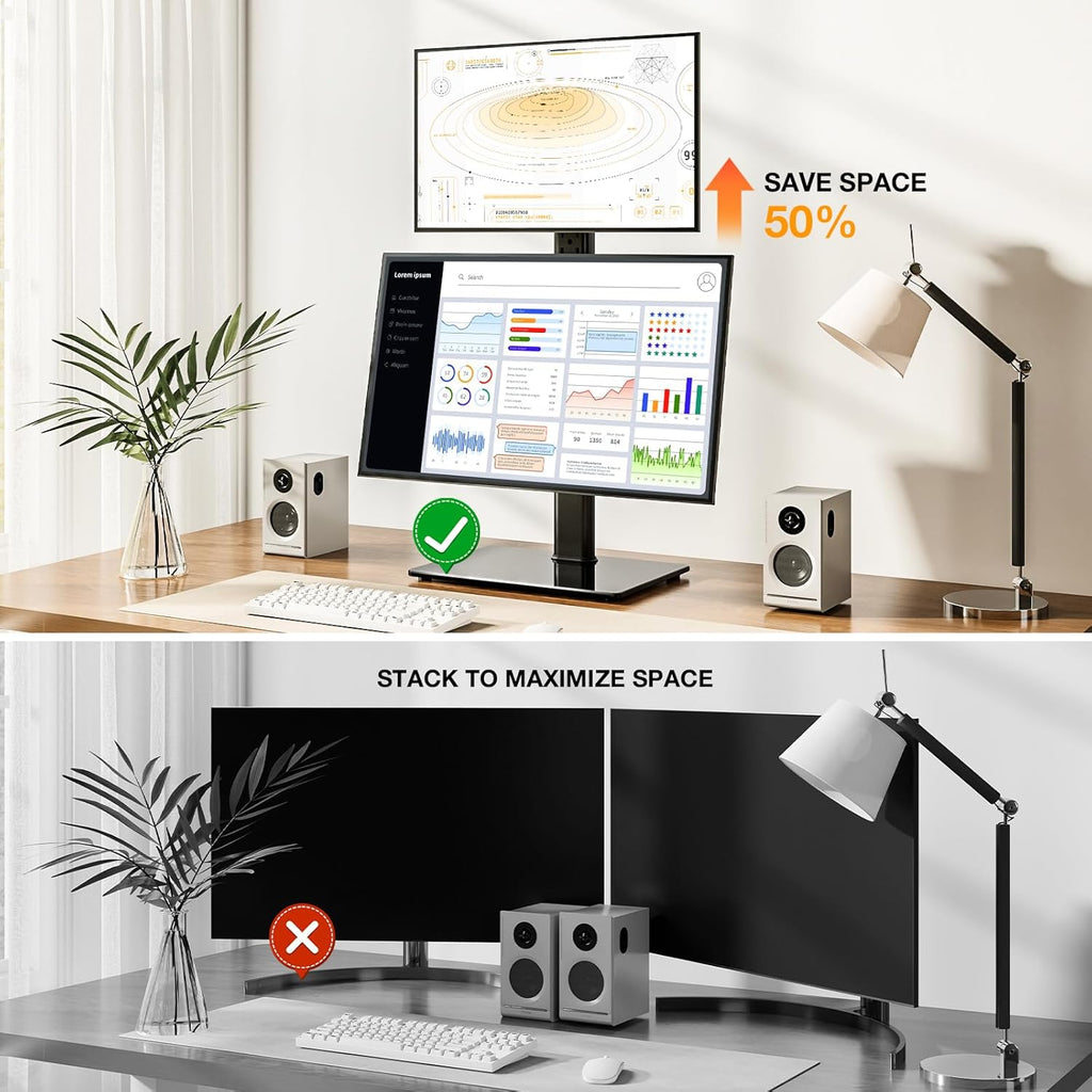 Dual Monitor Stand for 13-38 Inch Screens, Vertical Monitor Stand for Desk, Rotation & Swivel Arms, Height Adjustable 2 Mount Stand with VESA 75X75/100X100Mm up to 20KG