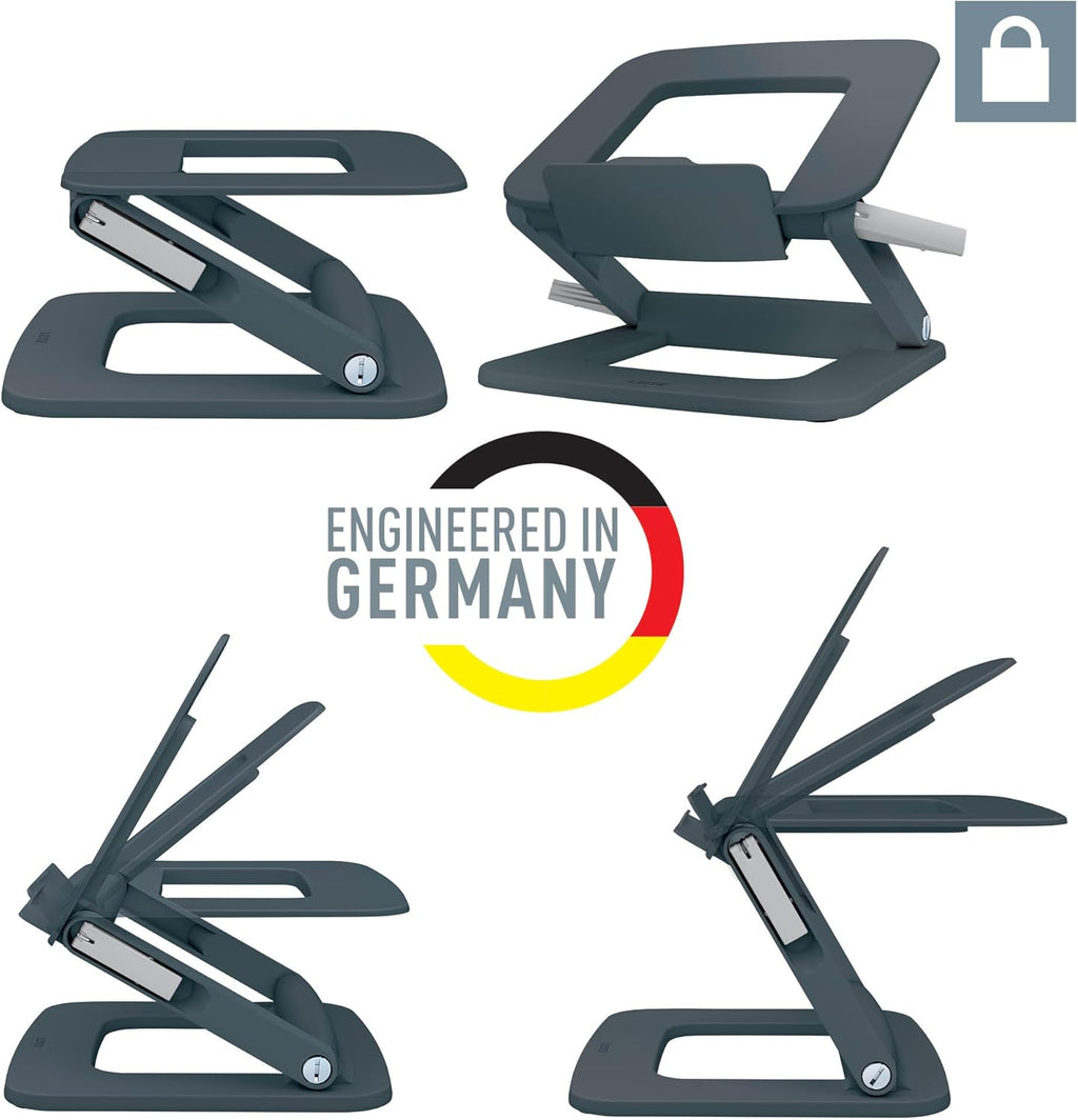 Height Adjustable Multi-Angle Laptop Stand, 80% Recycled Plastic, Six Pre-Set Height & Angle Combinations, Compact Footprint, 100% Recyclable, Ergo Range, Dark Grey, 64240089